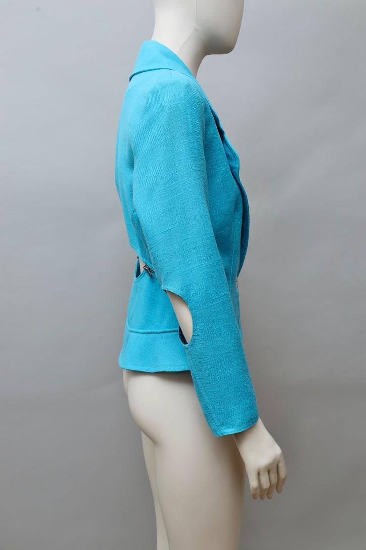 1980s Tramway Paris turquoise cut-out blazer with side zipper