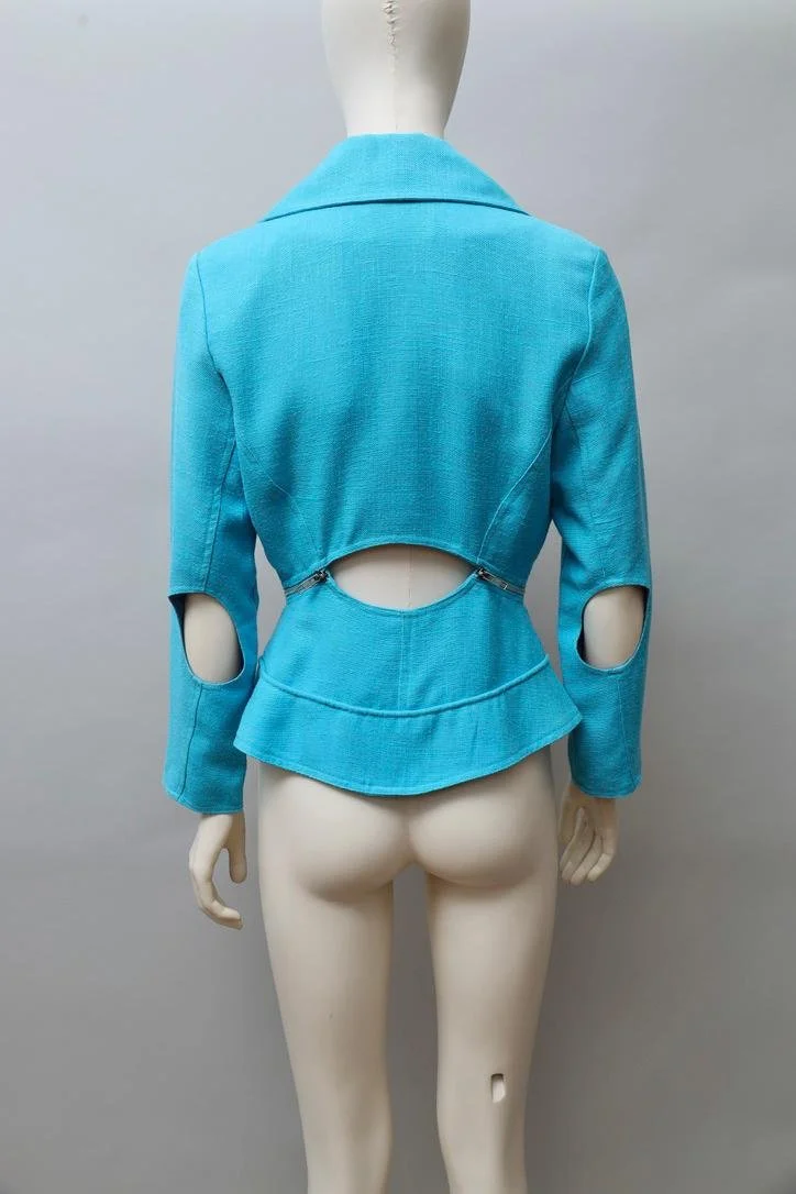 1980s Tramway Paris turquoise cut-out blazer with side zipper