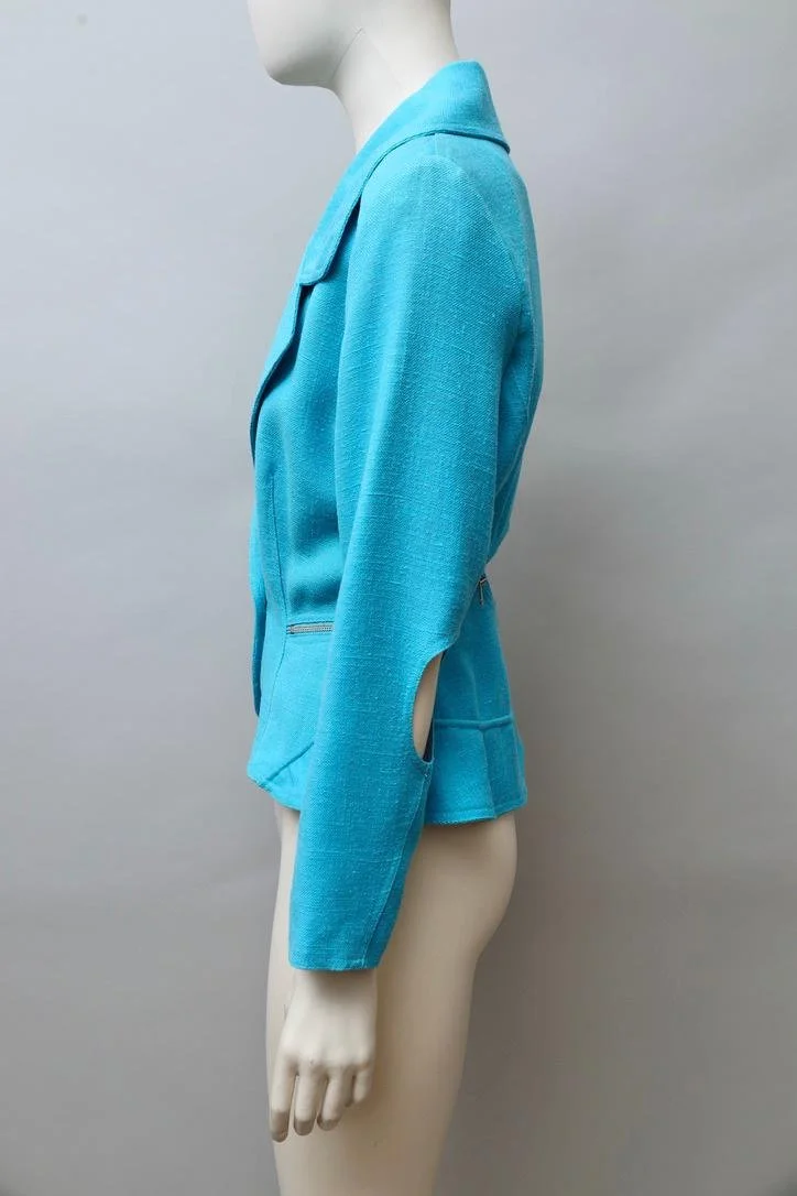 1980s Tramway Paris turquoise cut-out blazer with side zipper