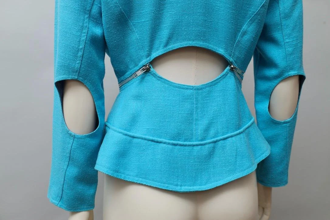 1980s Tramway Paris turquoise cut-out blazer with side zipper