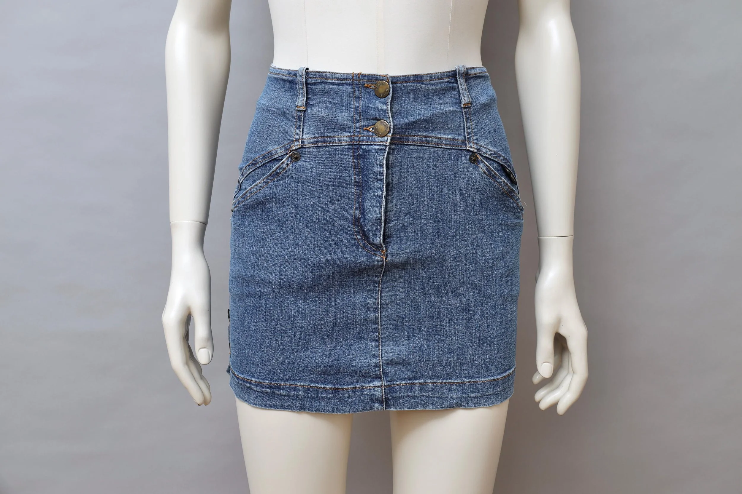 1990s Plein Sud blue stretch denim mini skirt