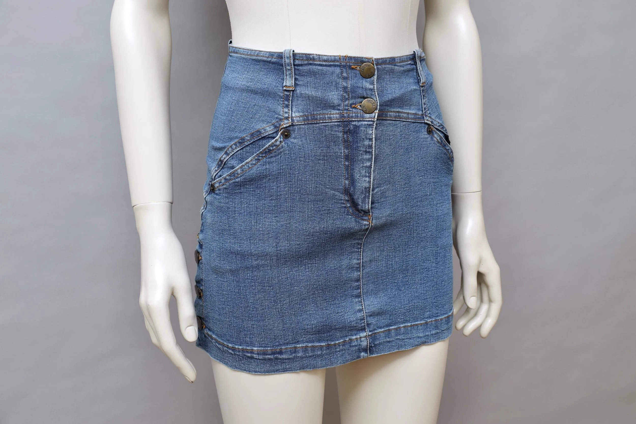 1990s Plein Sud blue stretch denim mini skirt