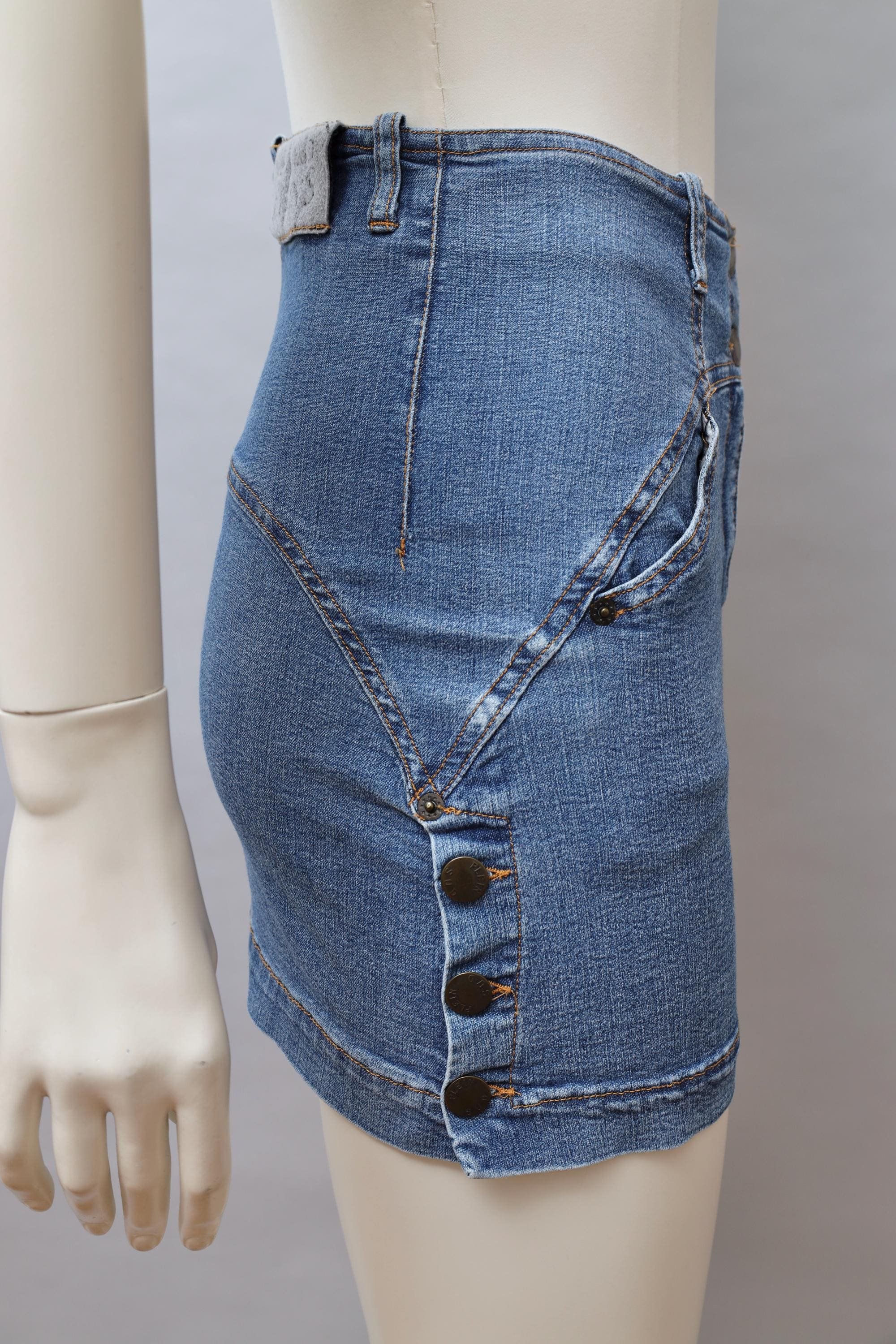 1990s Plein Sud blue stretch denim mini skirt