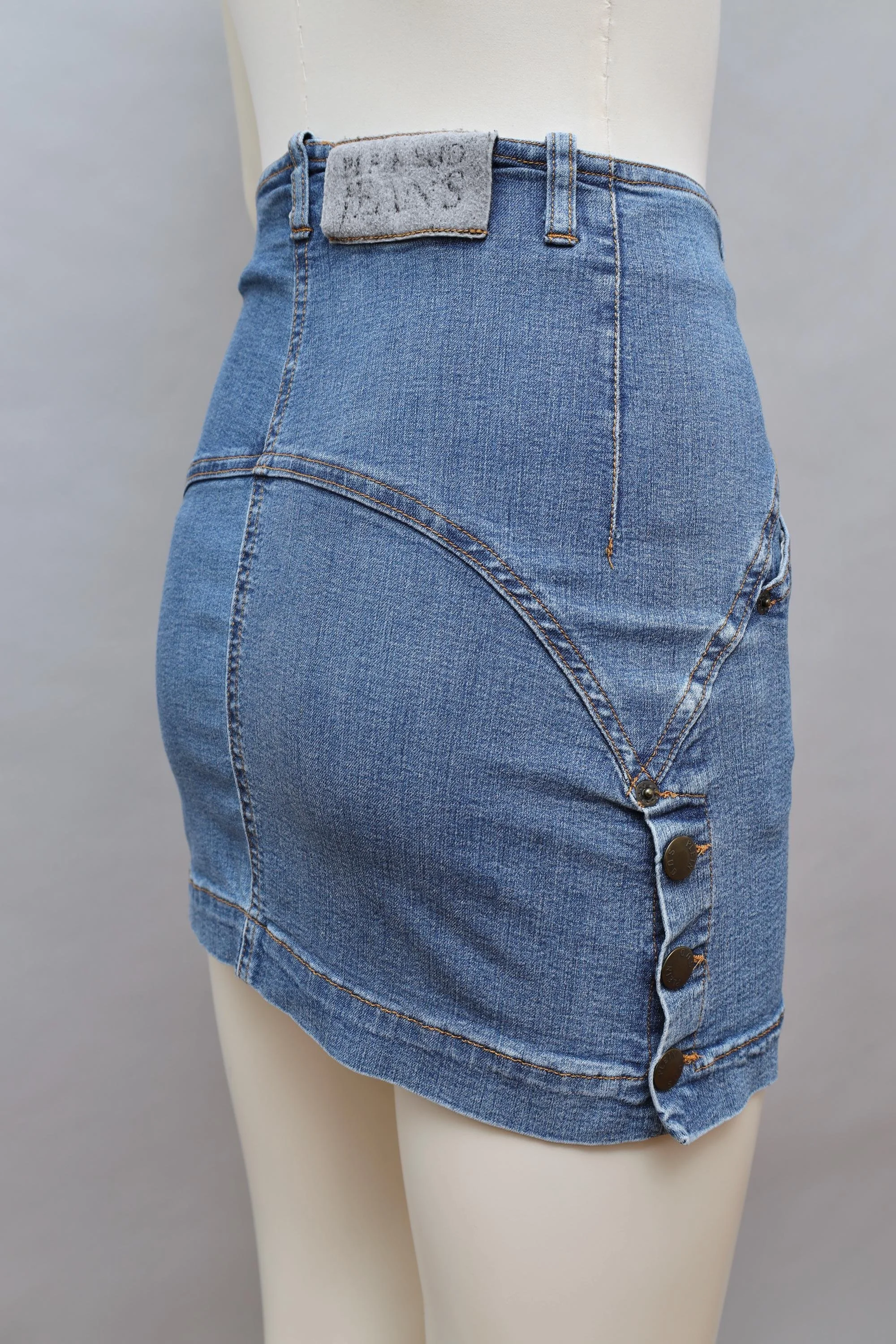 1990s Plein Sud blue stretch denim mini skirt