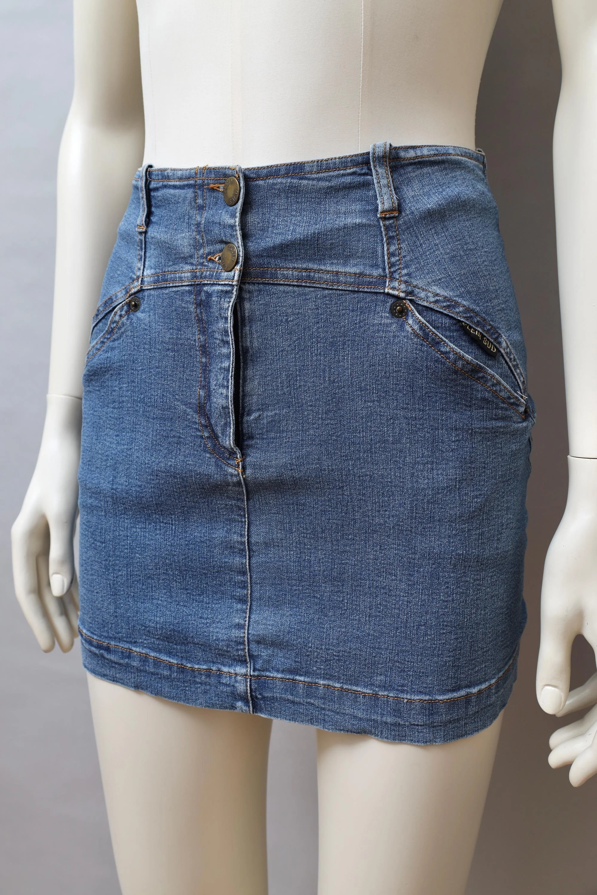 1990s Plein Sud blue stretch denim mini skirt