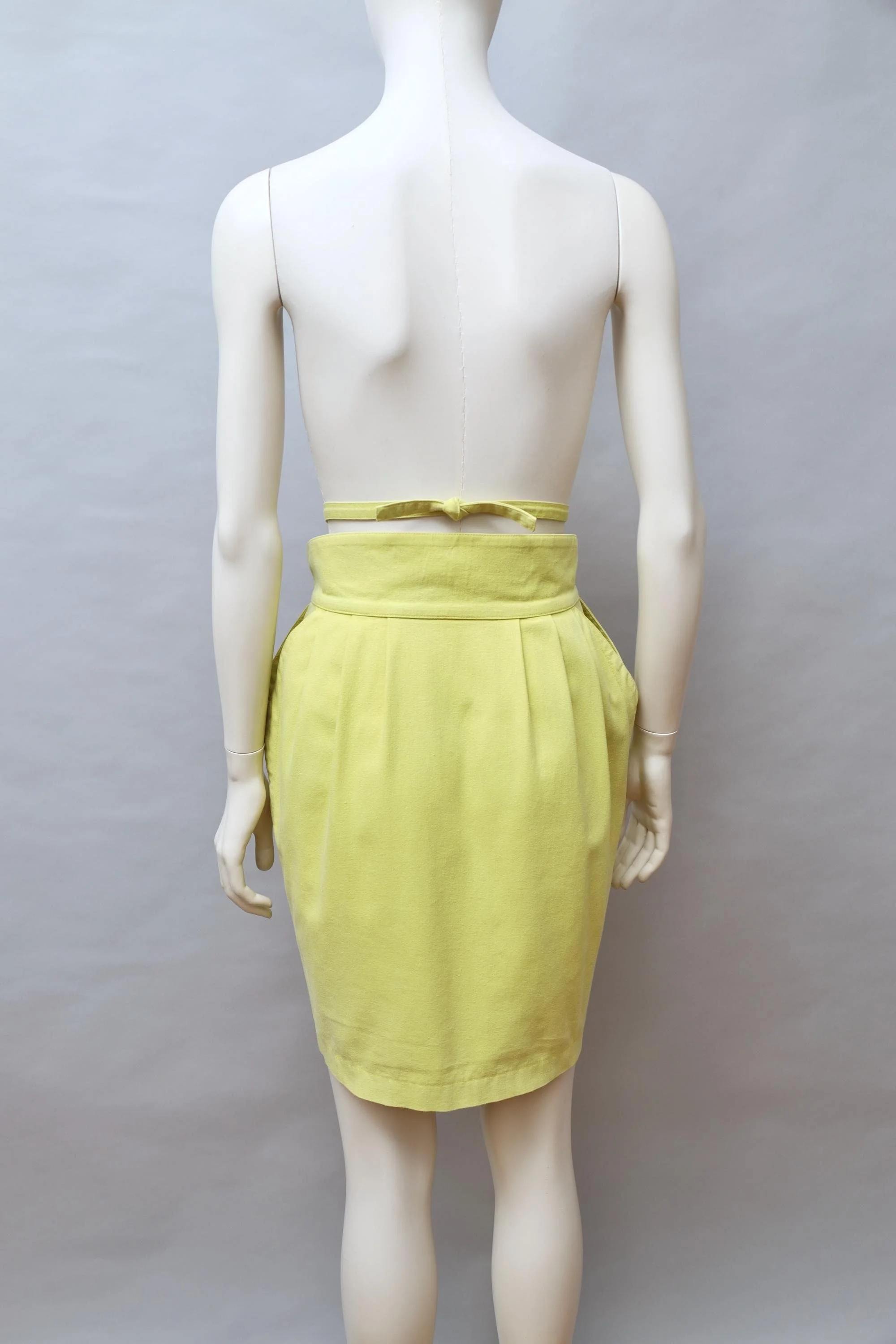 1980s Thierry Mugler tie waist chartreuse green pencil skirt