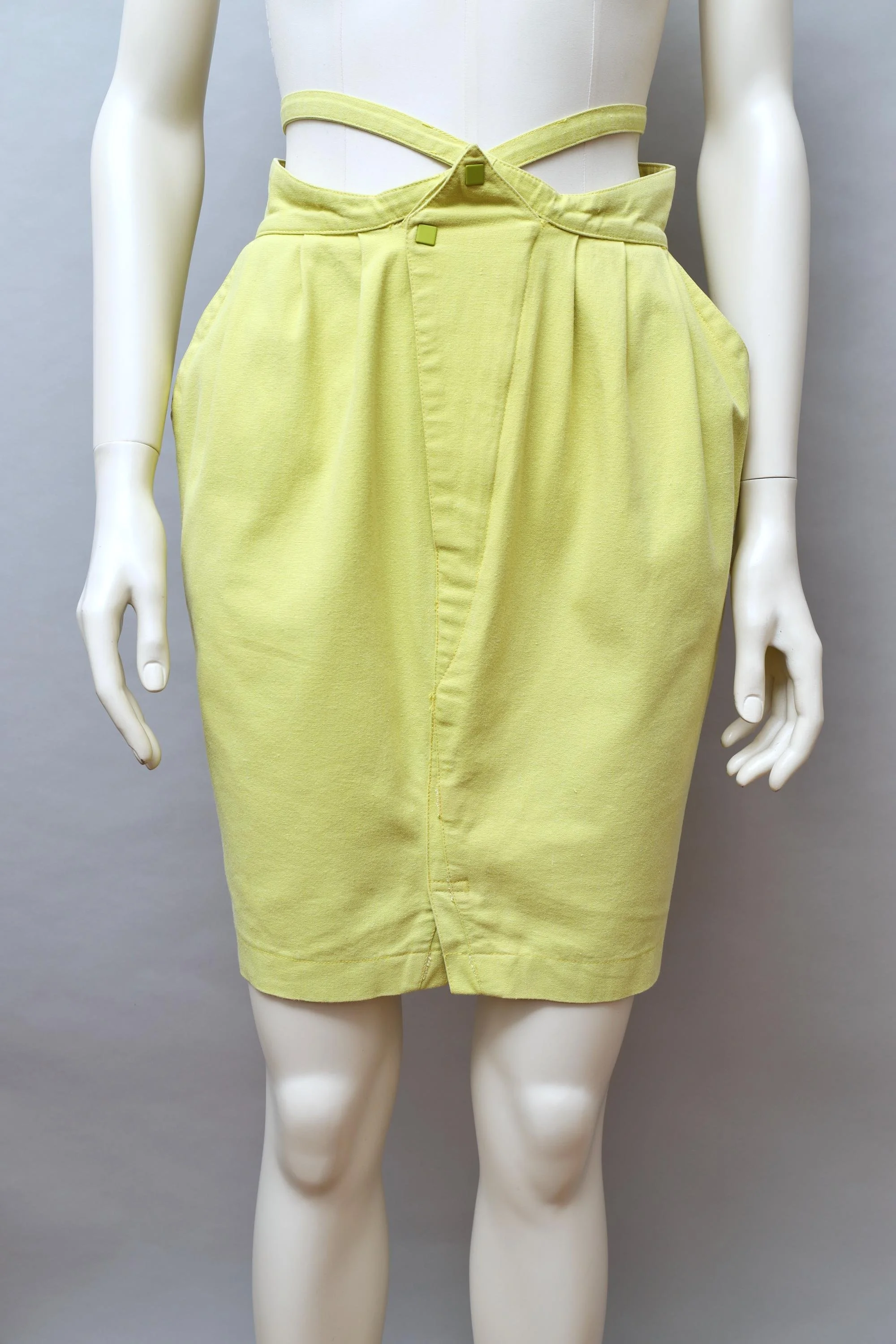 1980s Thierry Mugler tie waist chartreuse green pencil skirt