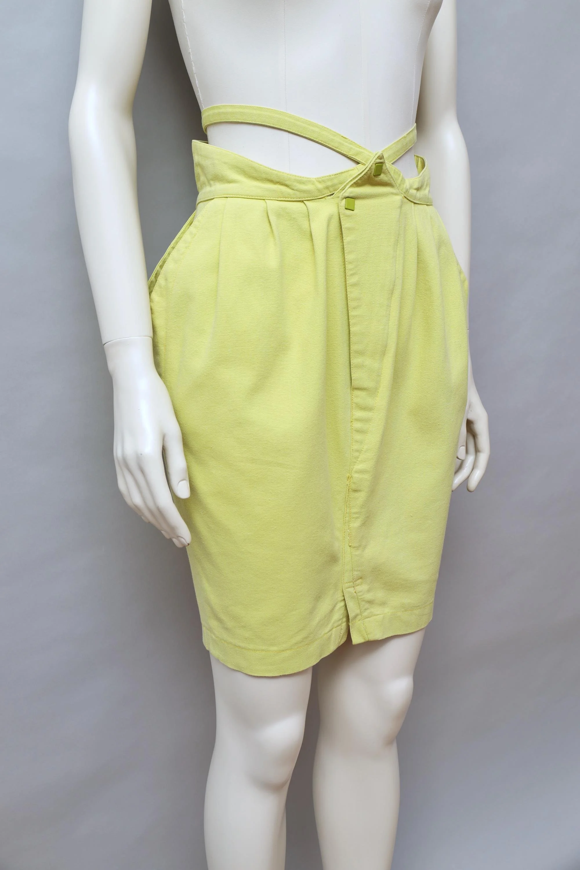 1980s Thierry Mugler tie waist chartreuse green pencil skirt