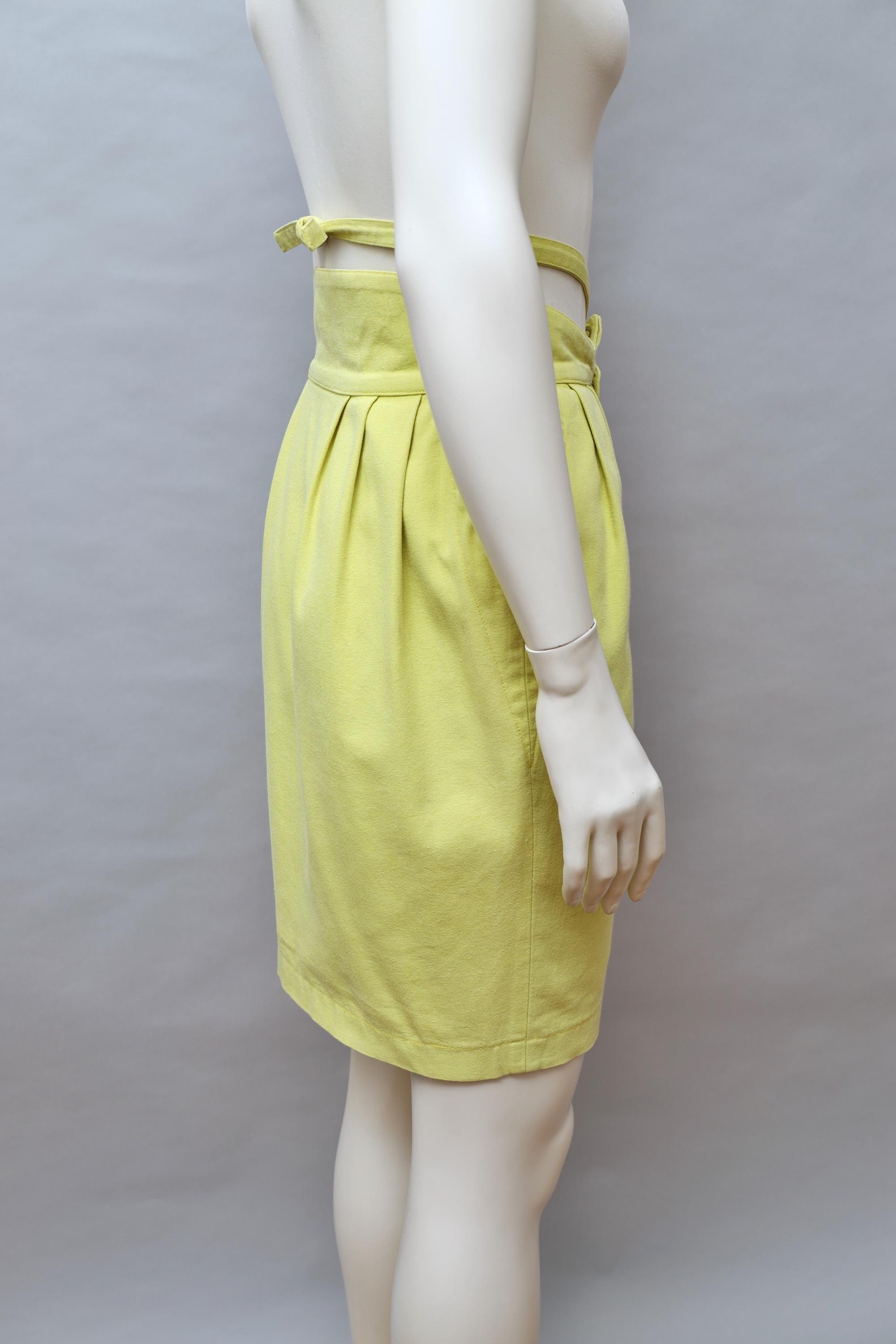 1980s Thierry Mugler tie waist chartreuse green pencil skirt