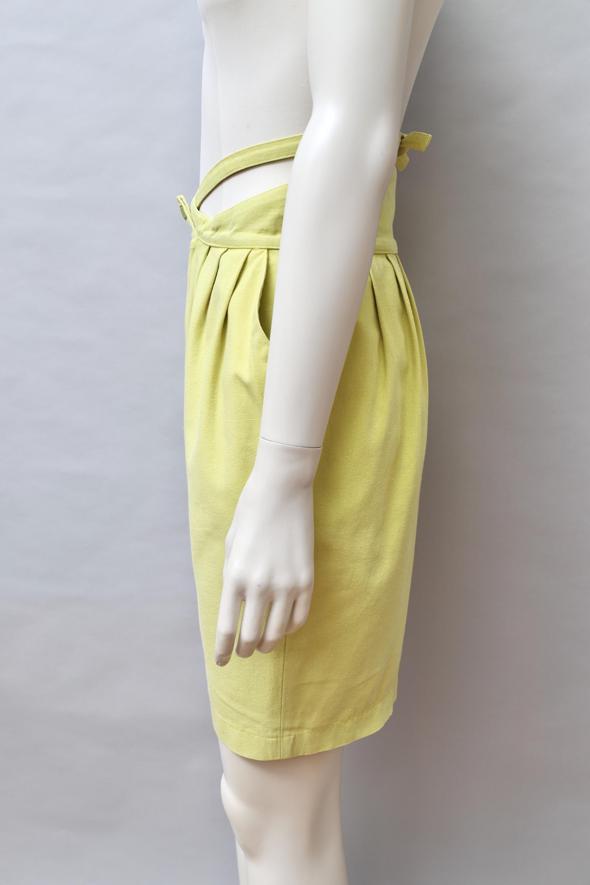 1980s Thierry Mugler tie waist chartreuse green pencil skirt