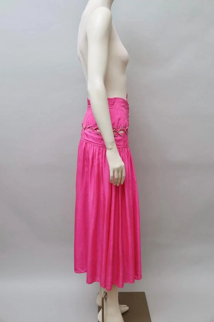 1980s Tramway Paris lace and ruched pink silk skirt
