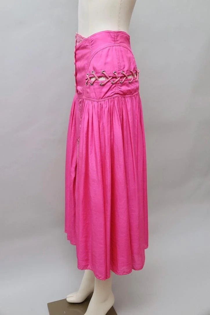 1980s Tramway Paris lace and ruched pink silk skirt