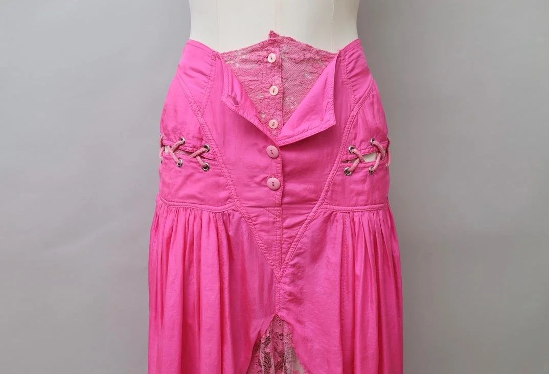 1980s Tramway Paris lace and pink silk button up front