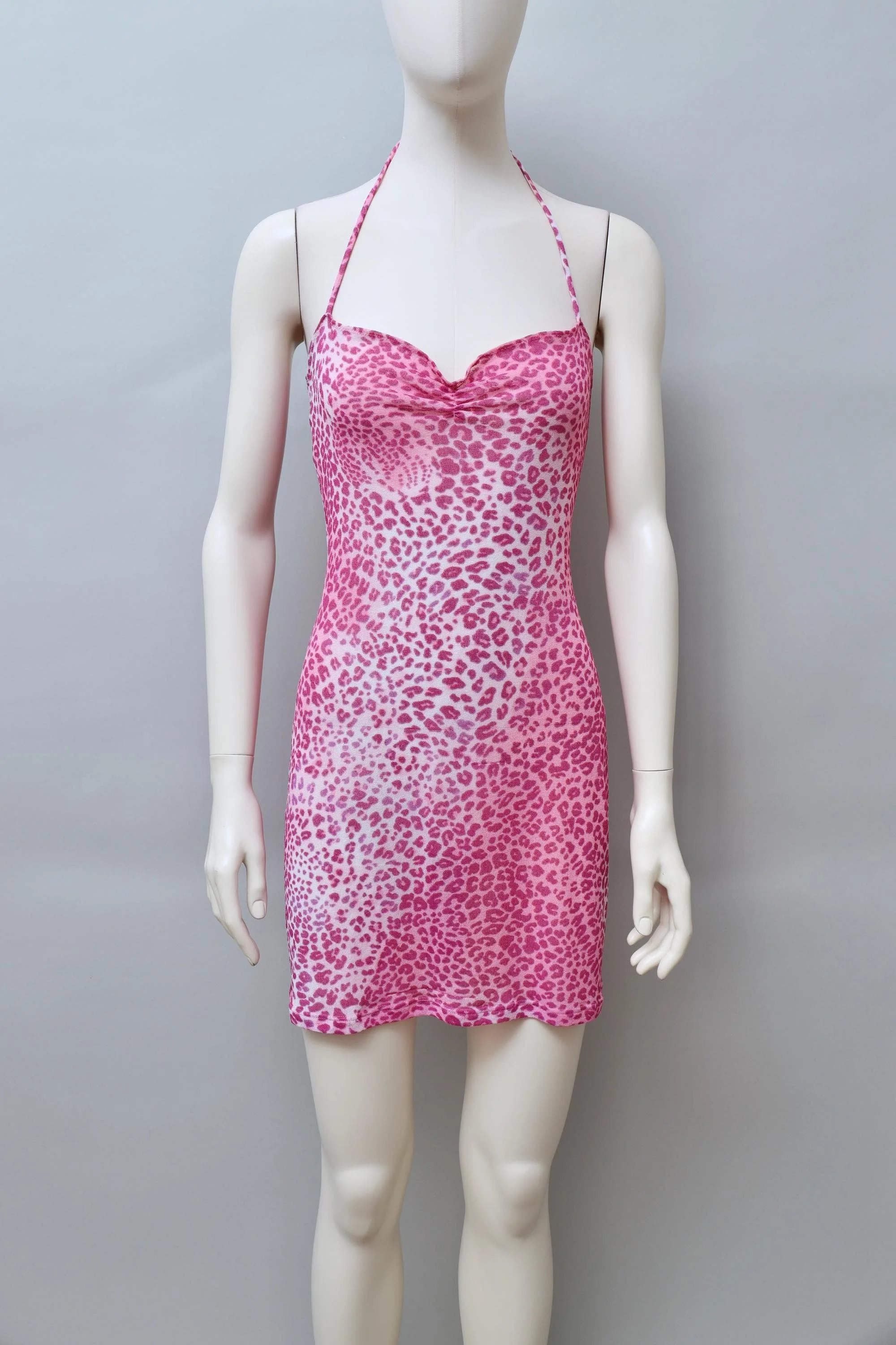 1990s Occhi Verdi pink leopard print mesh slip dress