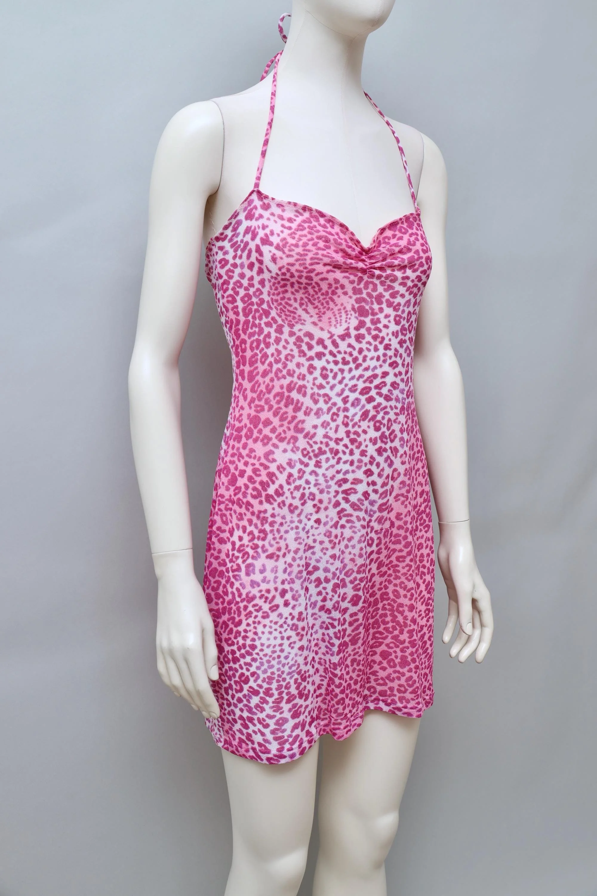 1990s Occhi Verdi pink leopard print mesh slip dress