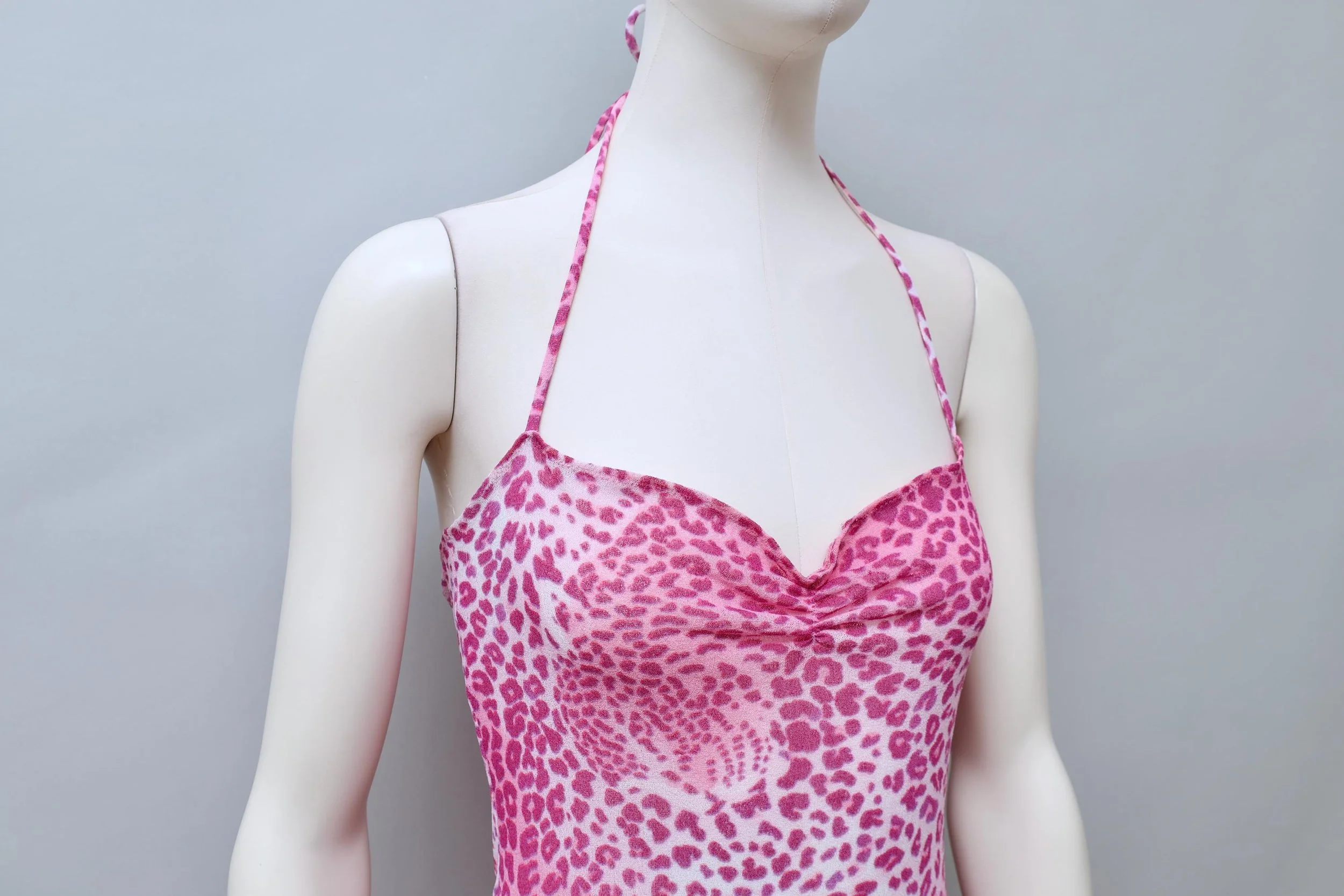 1990s Occhi Verdi pink leopard print mesh slip dress