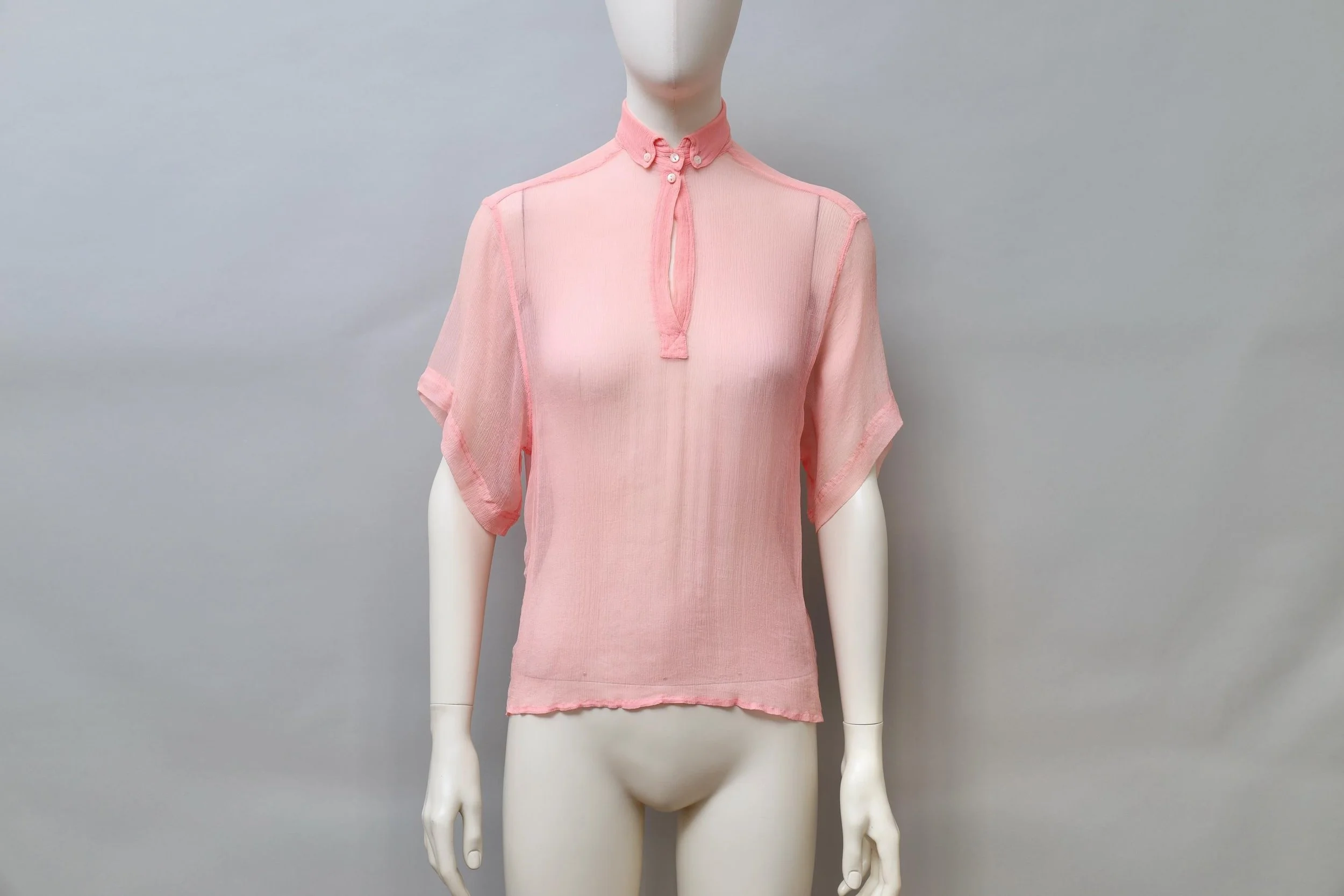 1980s Chantal Thomass salmon pink mousseline de soie collared blouse