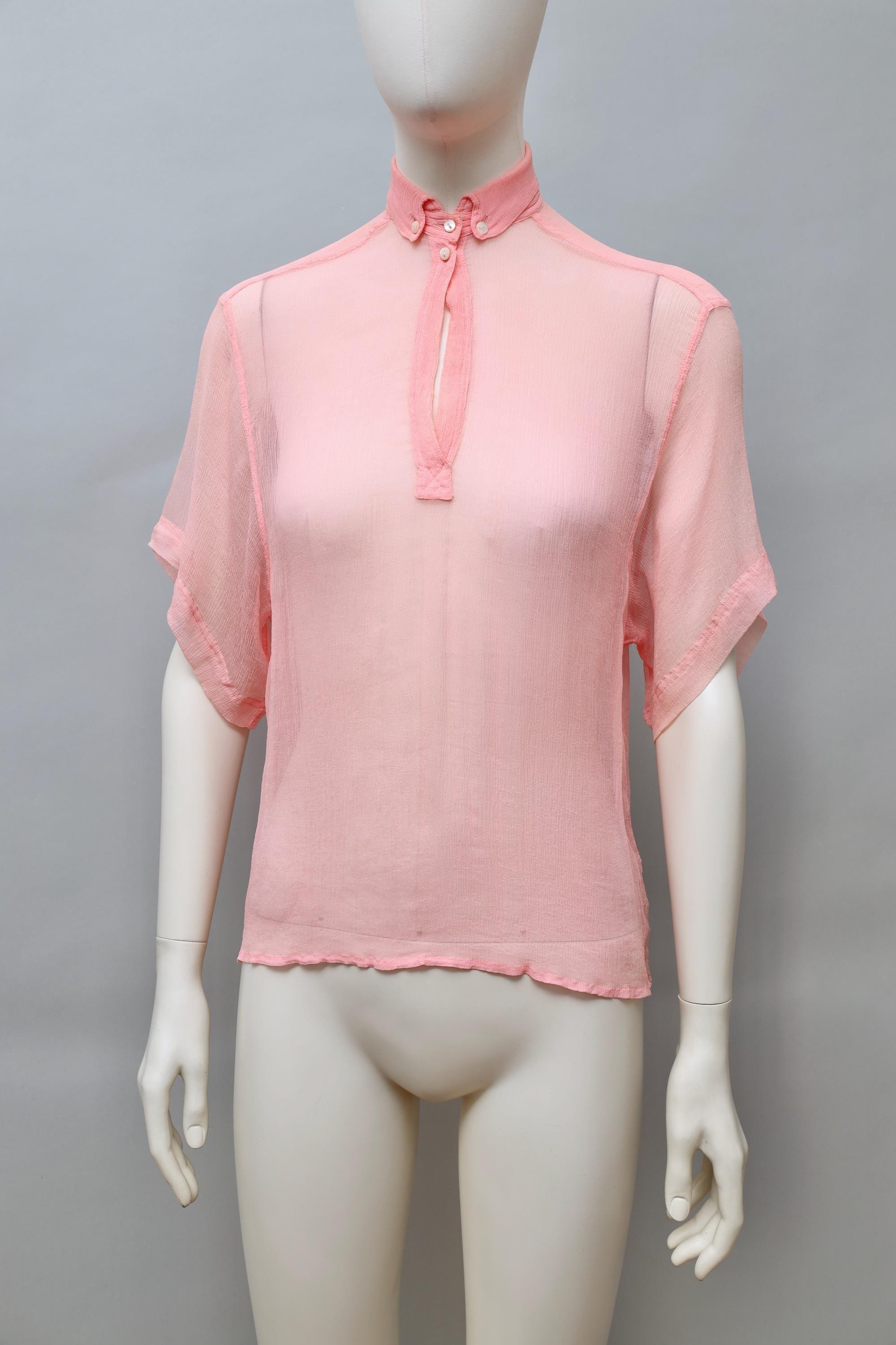 1980s Chantal Thomass salmon pink mousseline de soie collared blouse