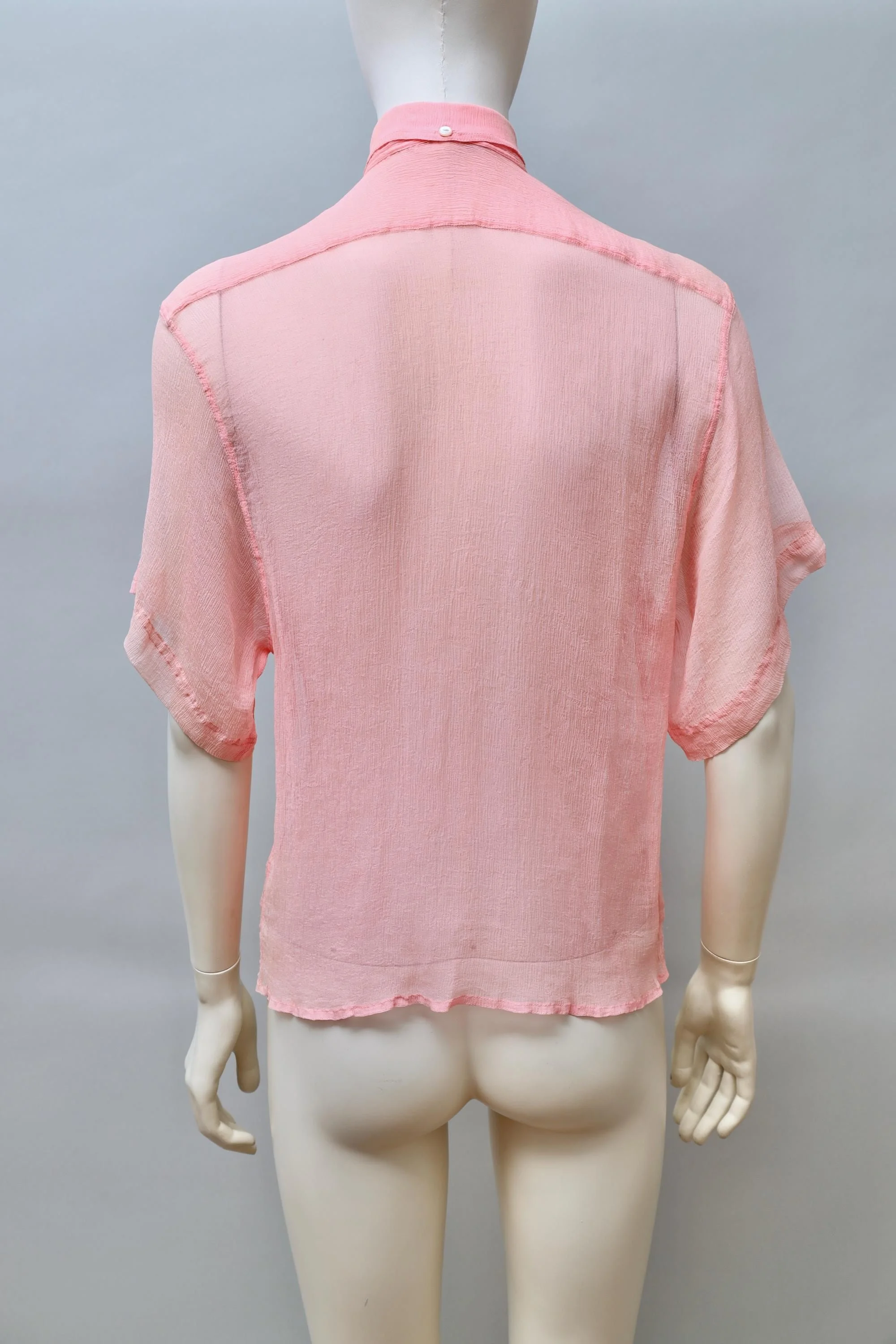 1980s Chantal Thomass salmon pink mousseline de soie collared blouse