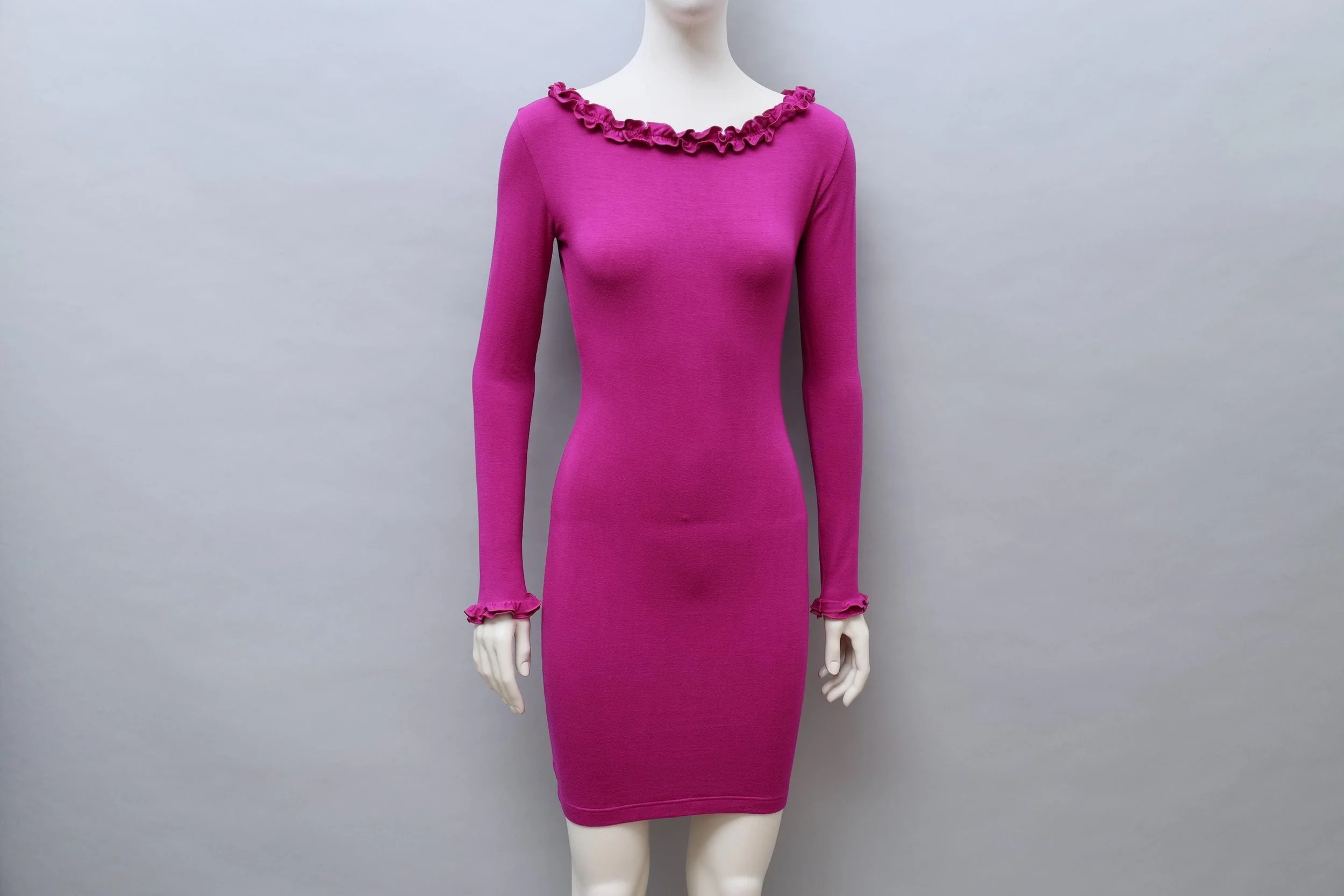 1990s Chantal Thomass magenta longsleeve ruffle hem dress