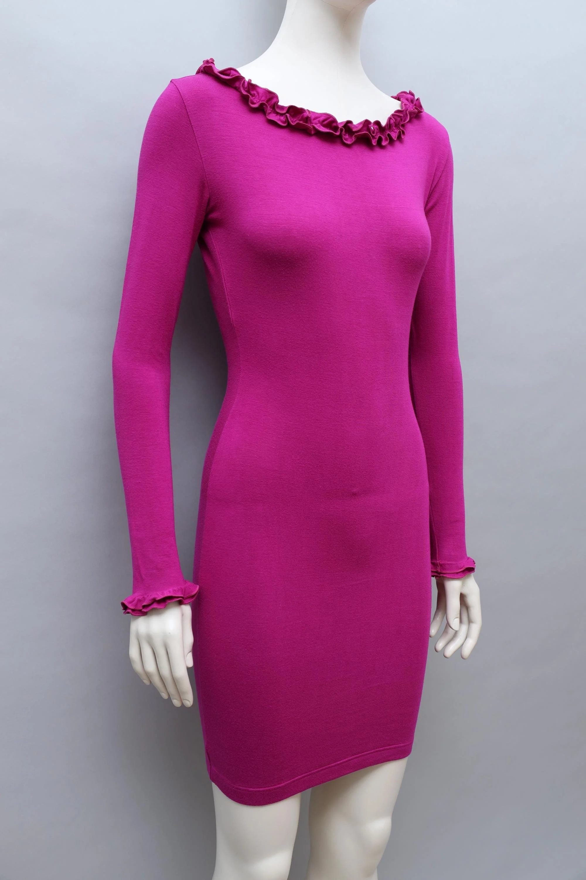 1990s Chantal Thomass magenta longsleeve ruffle hem dress