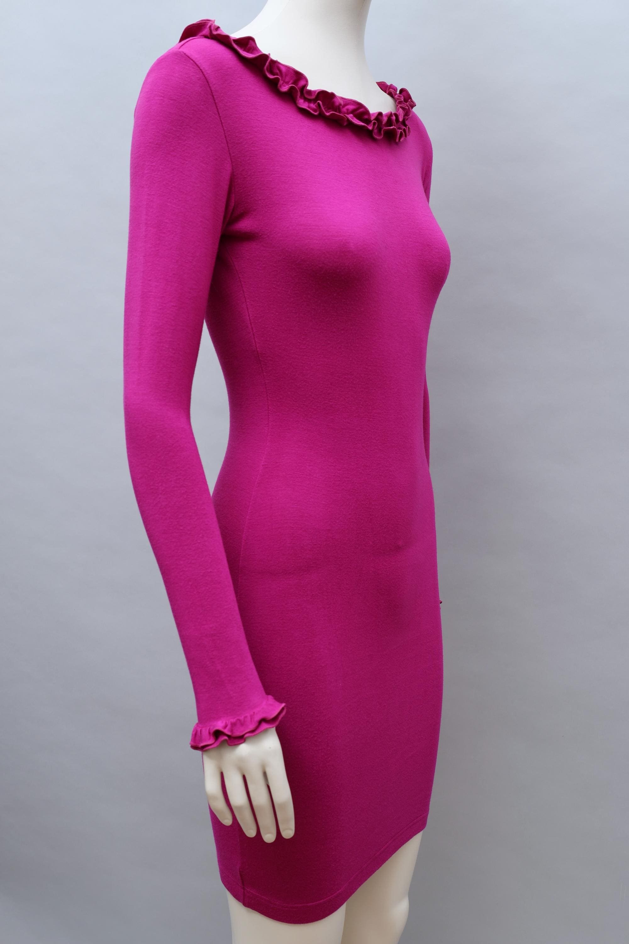 1990s Chantal Thomass magenta longsleeve ruffle hem dress