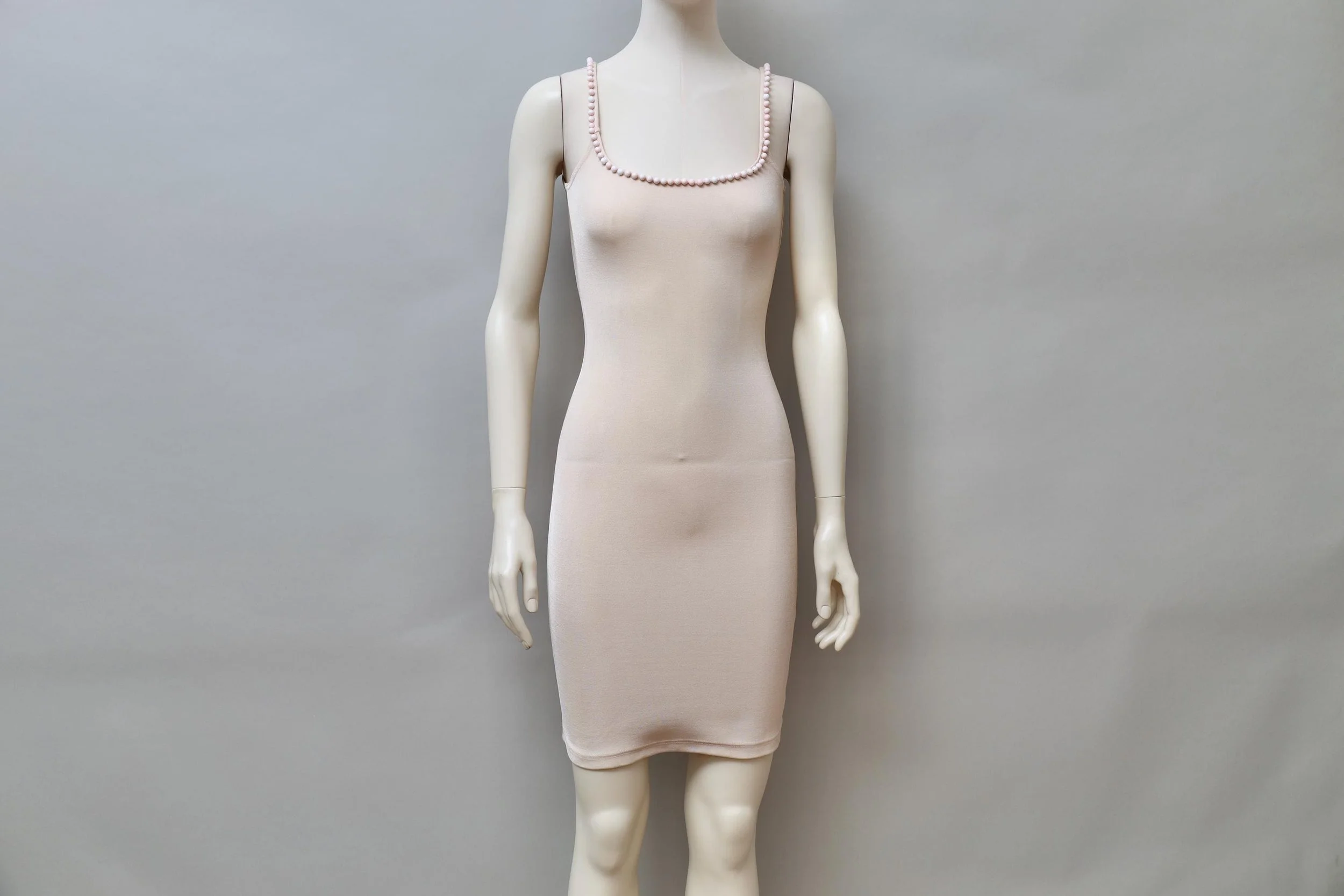 1990s Liza Bruce light peach pearl embellished stretch dress