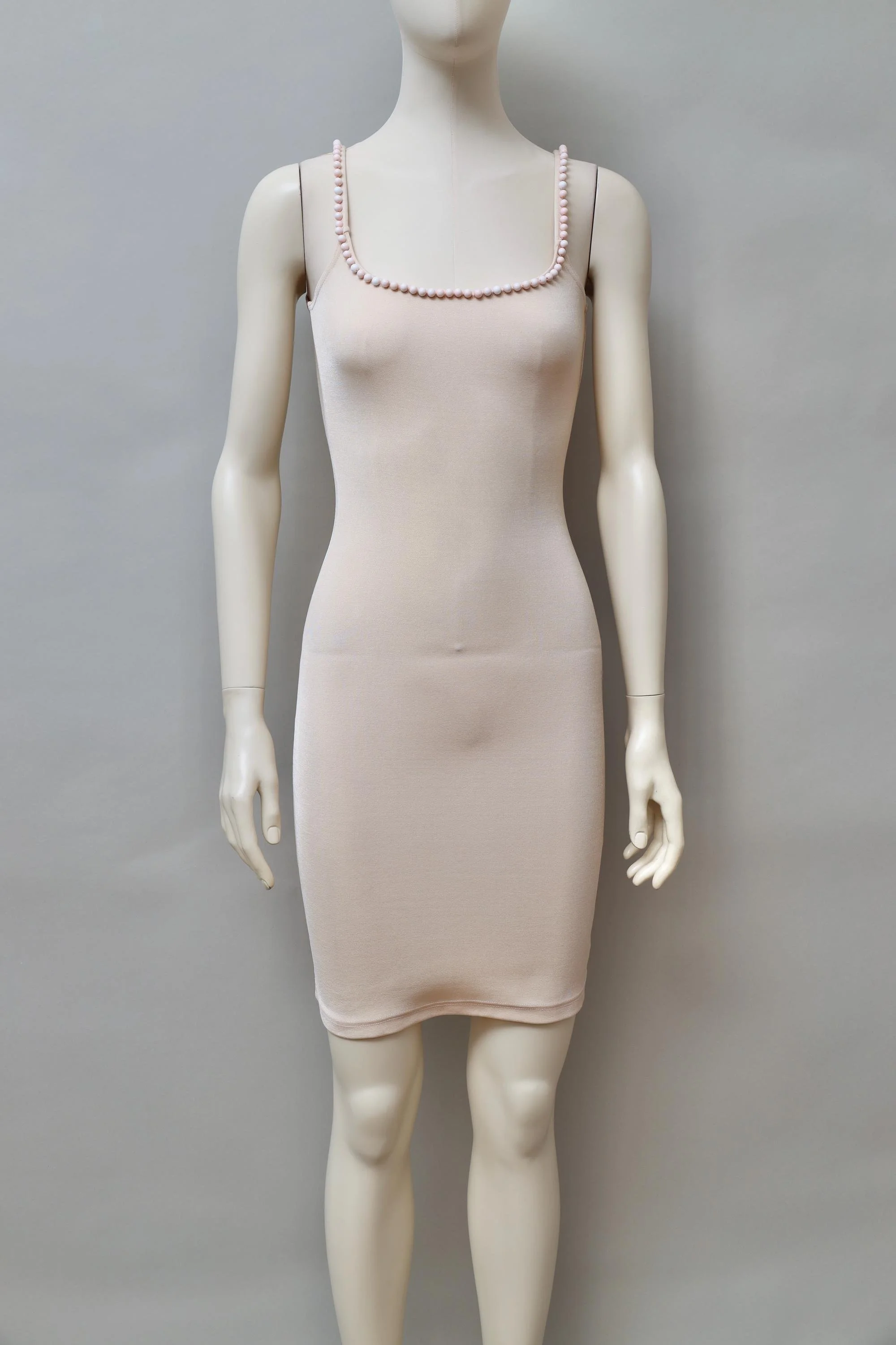 1990s Liza Bruce light peach pearl embellished stretch dress