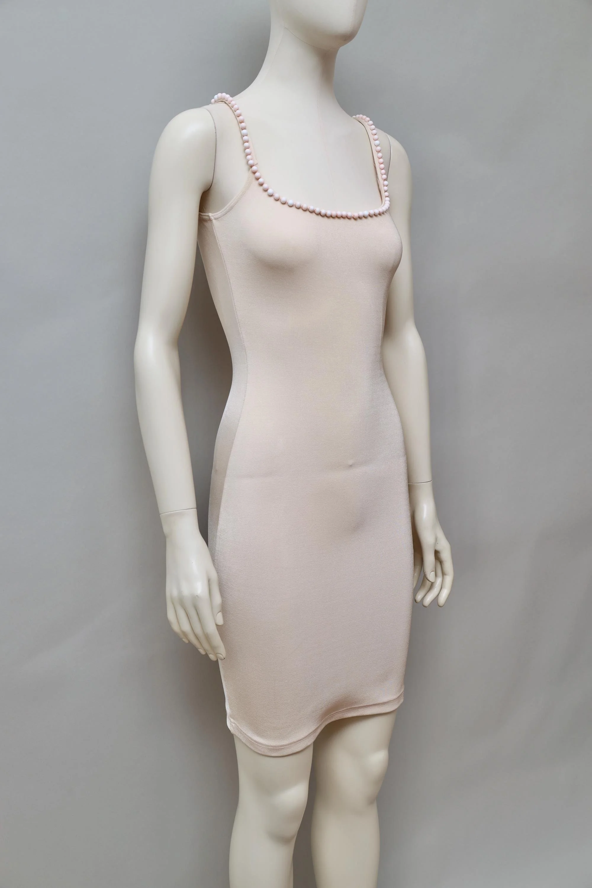 1990s Liza Bruce light peach pearl embellished stretch dress
