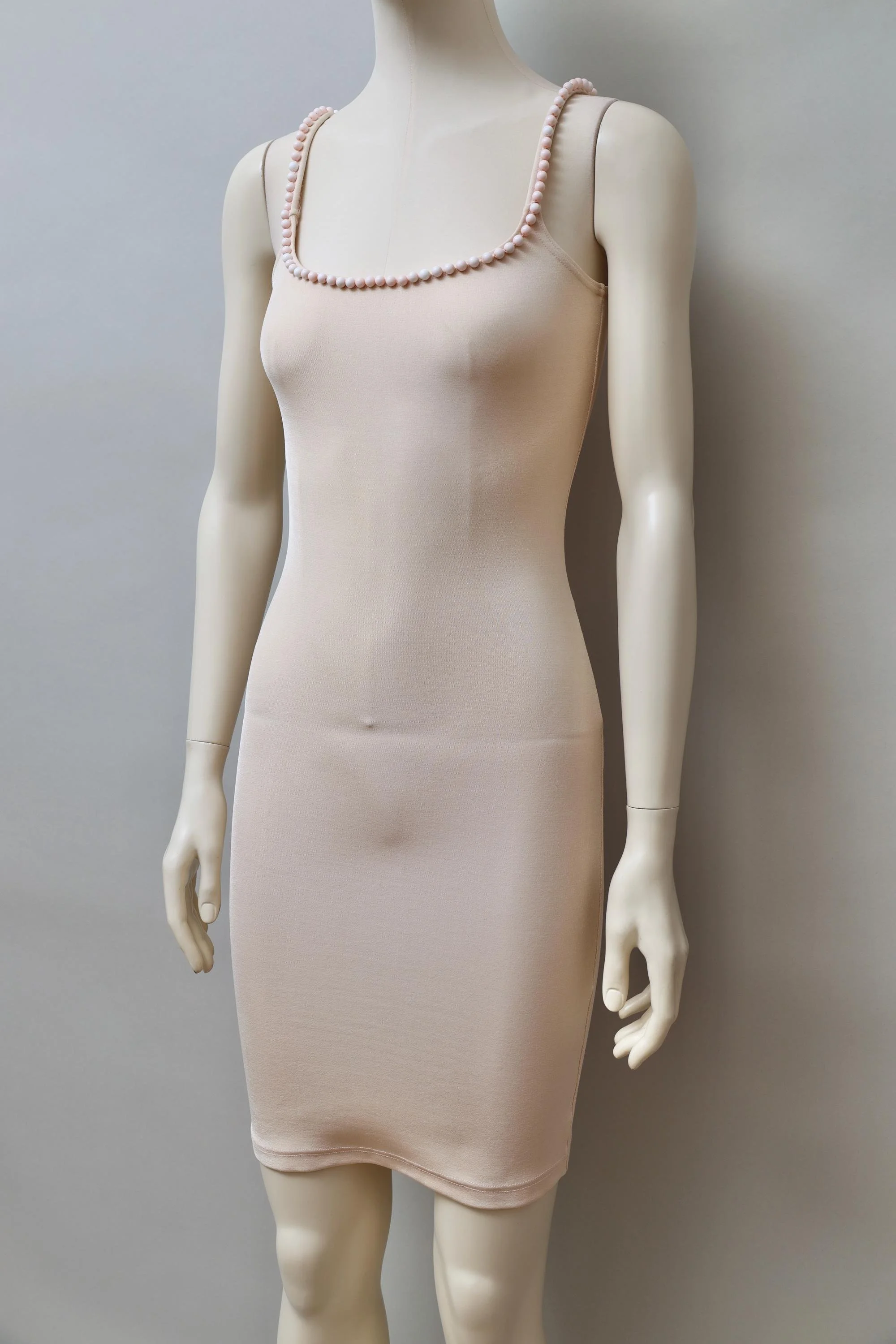 1990s Liza Bruce light peach pearl embellished stretch dress
