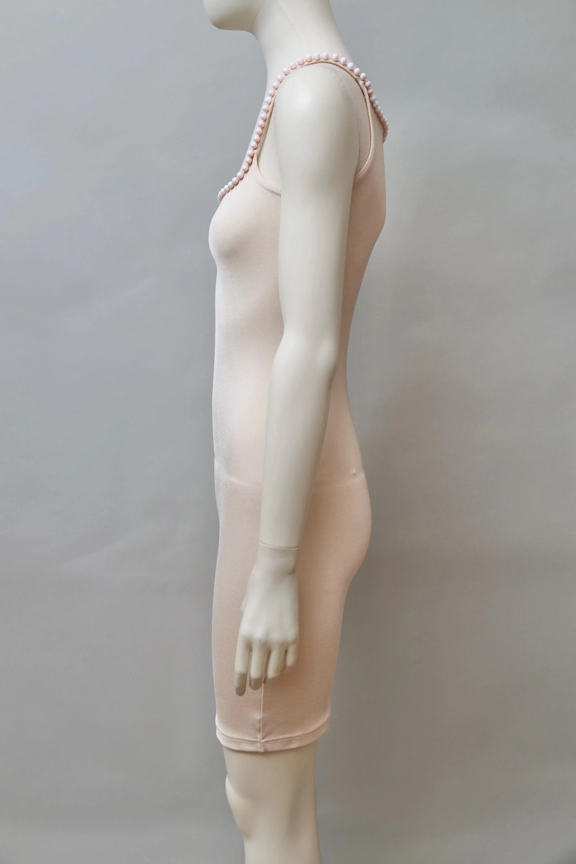 1990s Liza Bruce light peach pearl embellished stretch dress