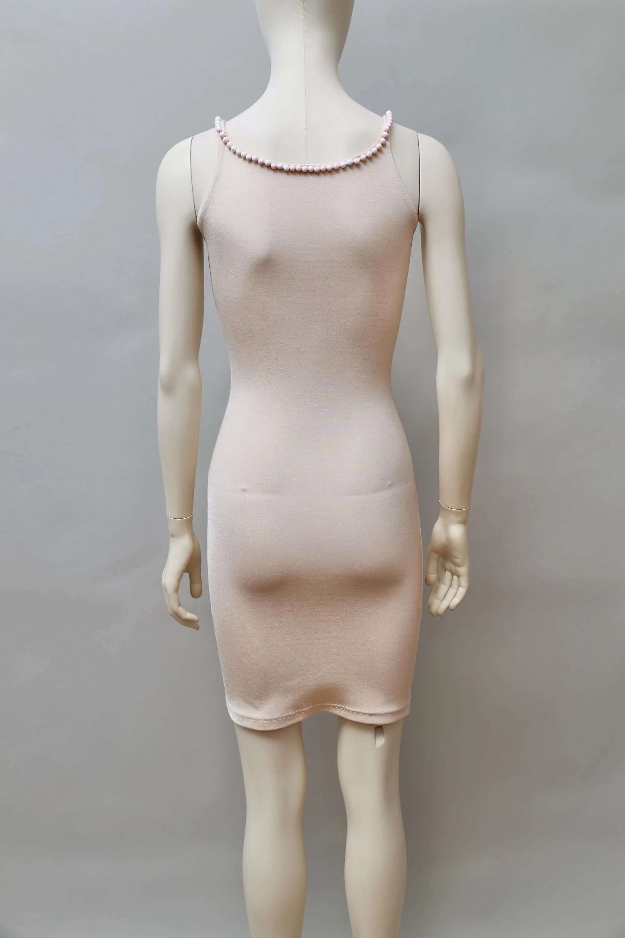 1990s Liza Bruce light peach pearl embellished stretch dress