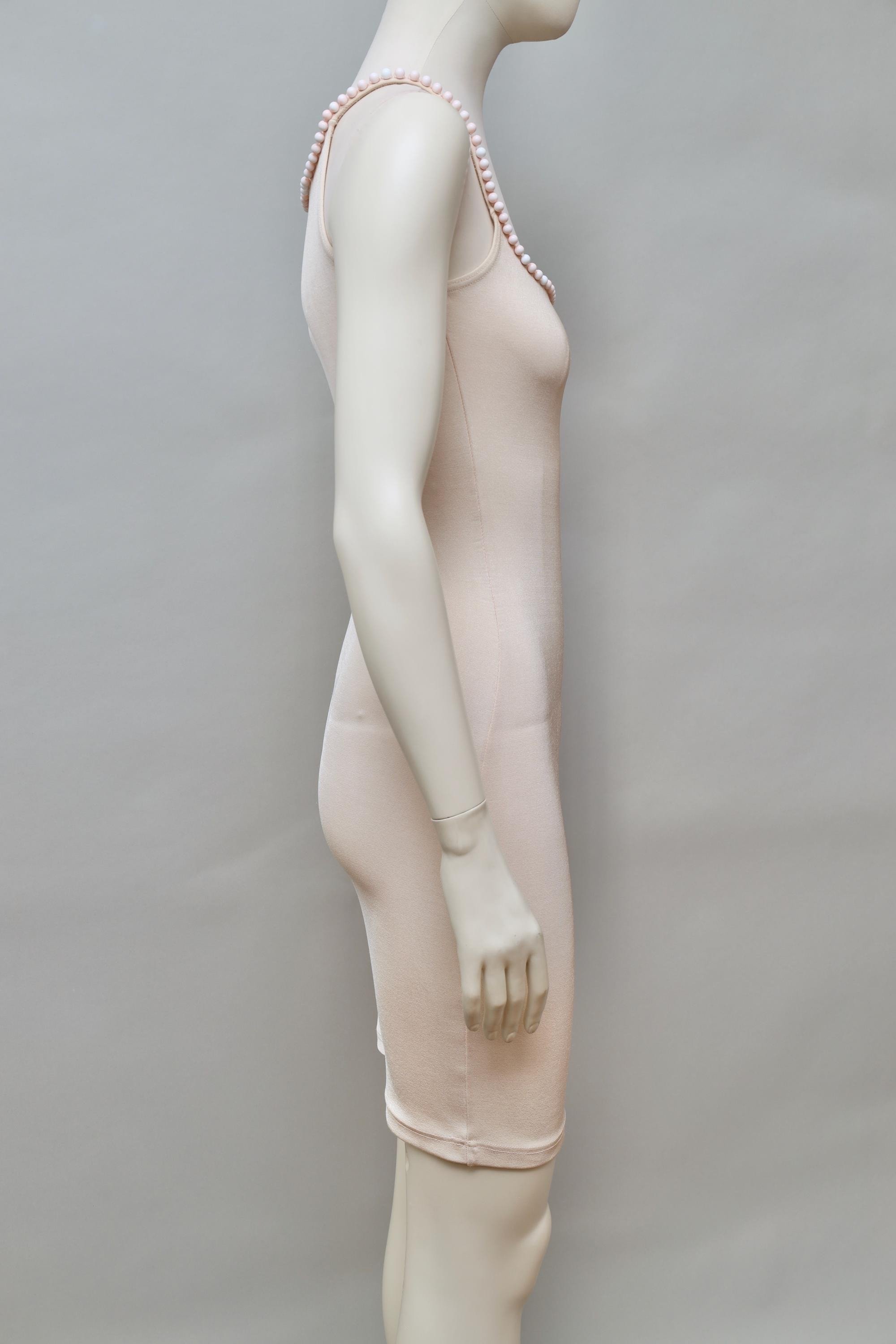 1990s Liza Bruce light peach pearl embellished stretch dress