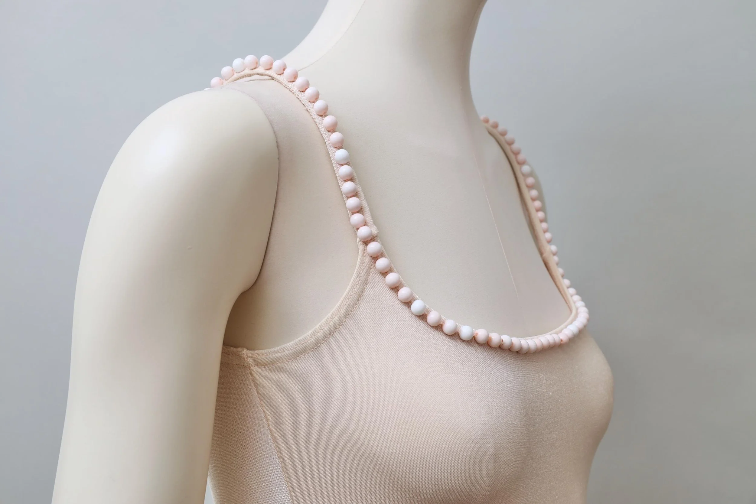 1990s Liza Bruce light peach pearl embellished straps