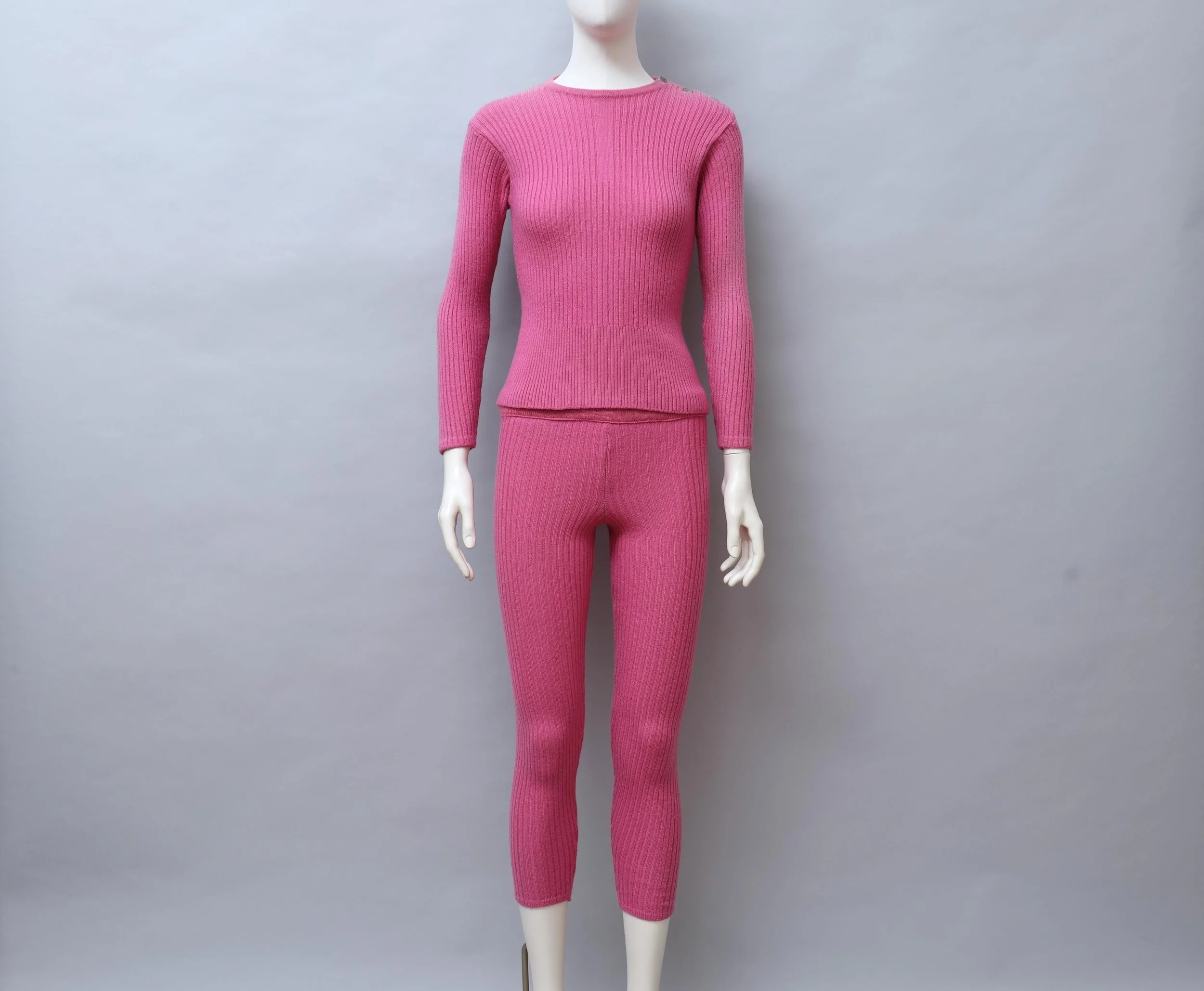 1970s Courrèges pink ribbed wool après ski set