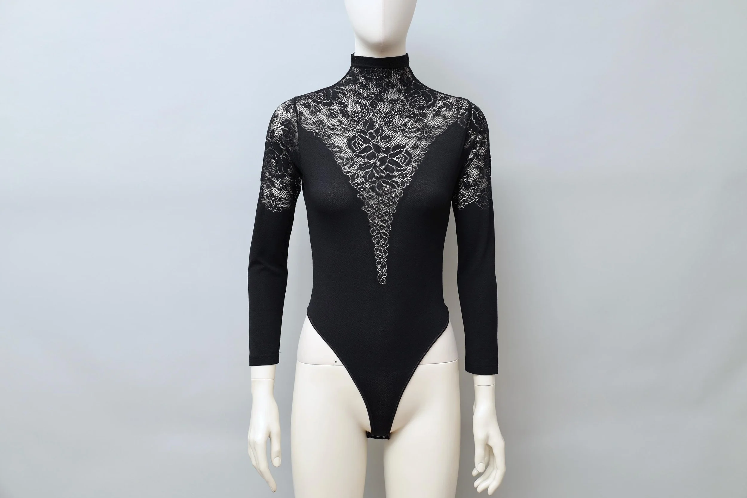 1990s Chantal Thomass black nylon lace mock neck bodysuit