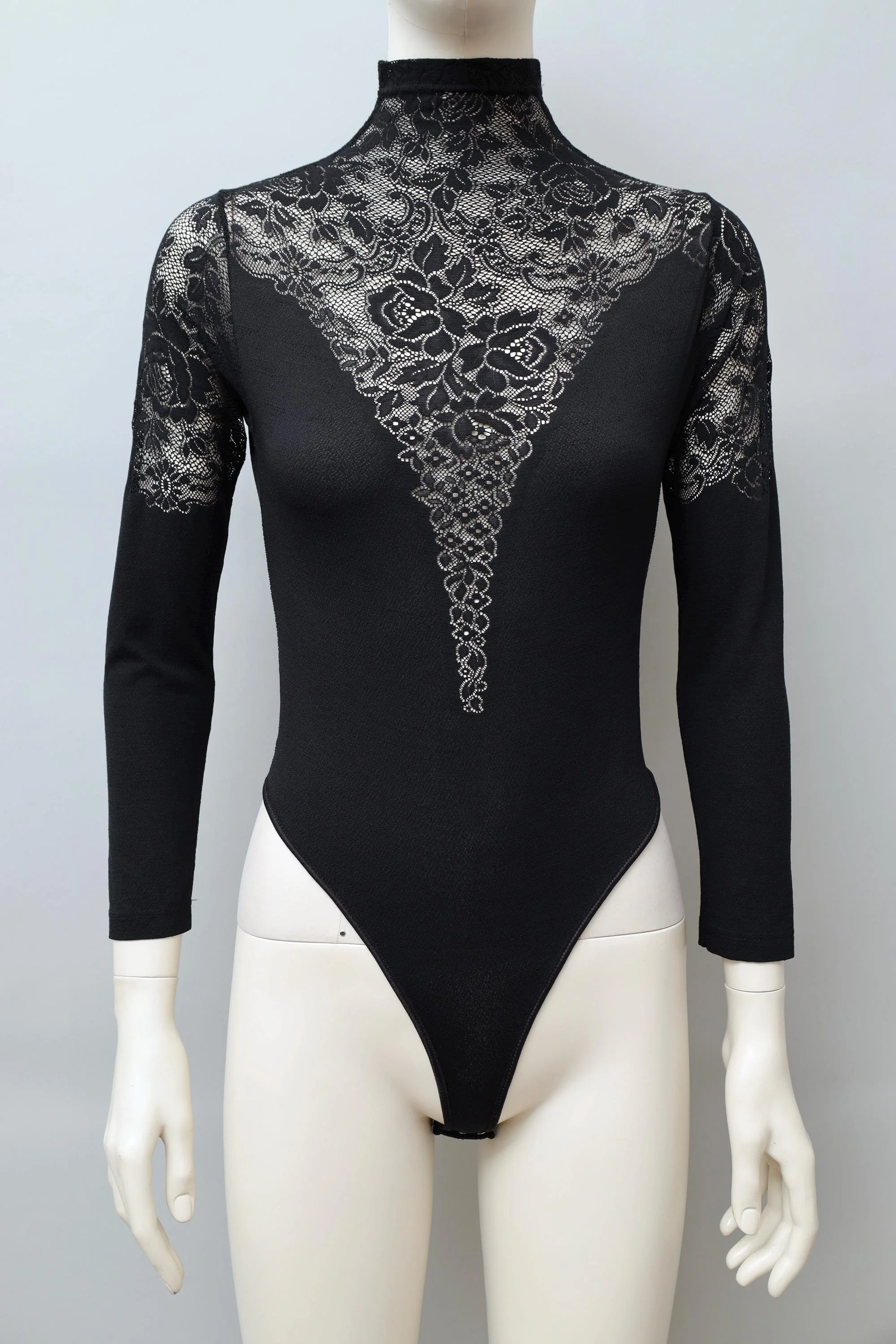 1990s Chantal Thomass black nylon lace mock neck bodysuit