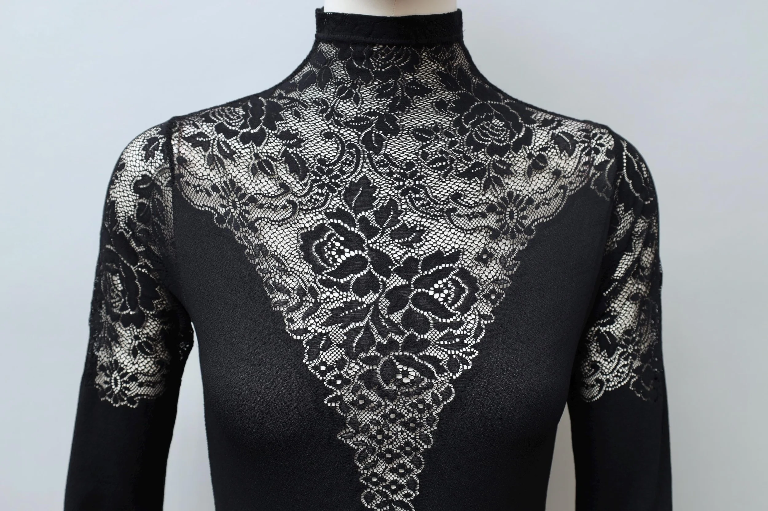 1990s Chantal Thomass black nylon lace mock neck bodysuit