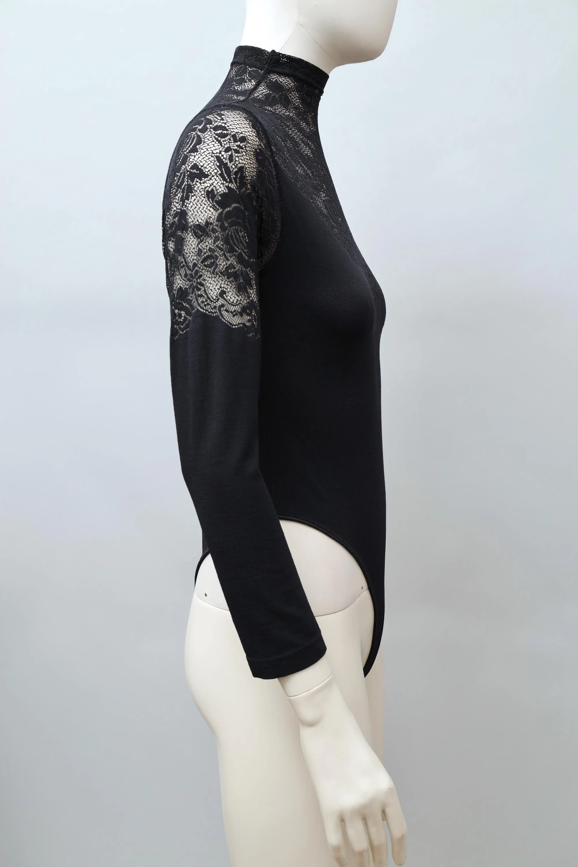 1990s Chantal Thomass black nylon lace mock neck bodysuit