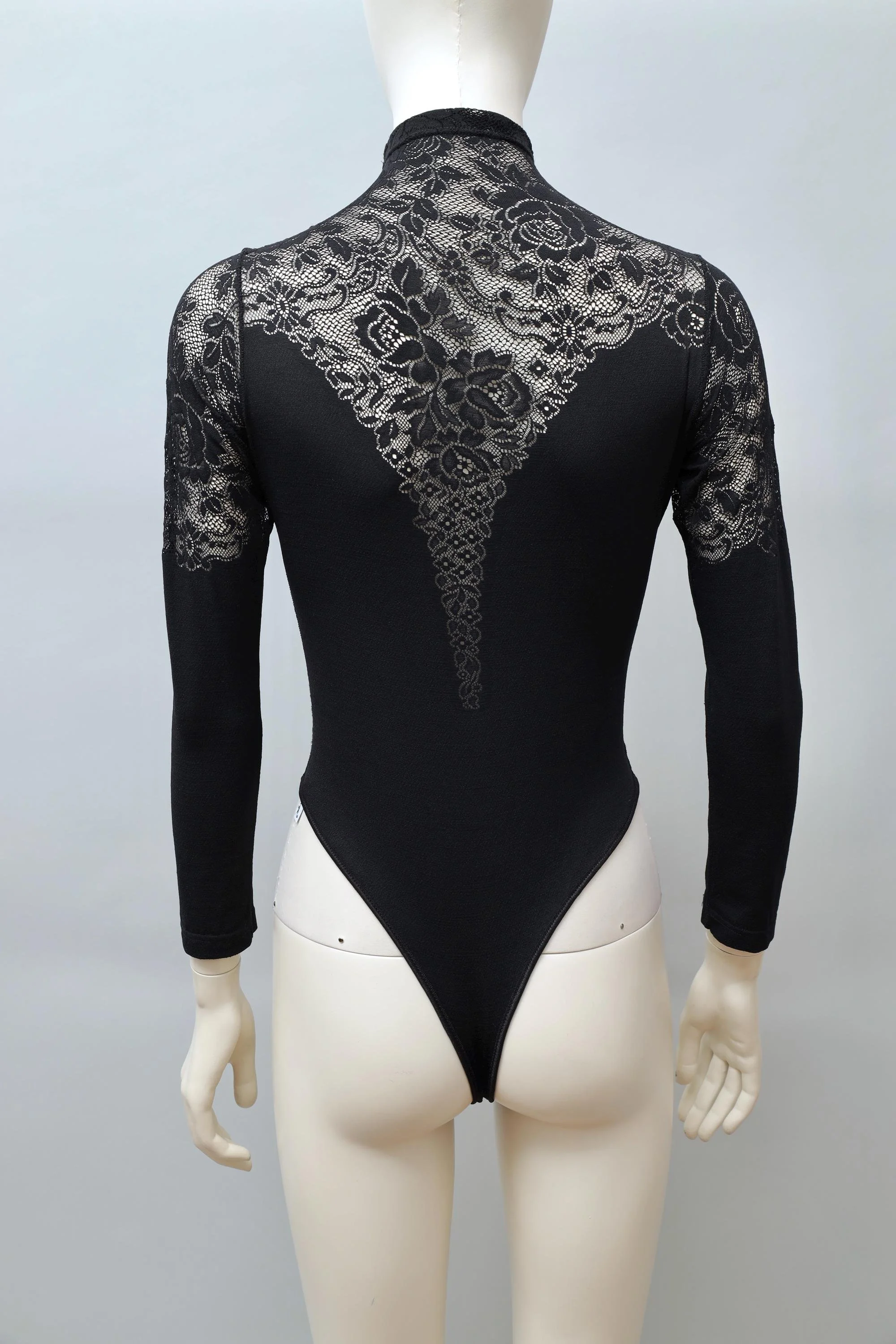 1990s Chantal Thomass black nylon lace mock neck bodysuit