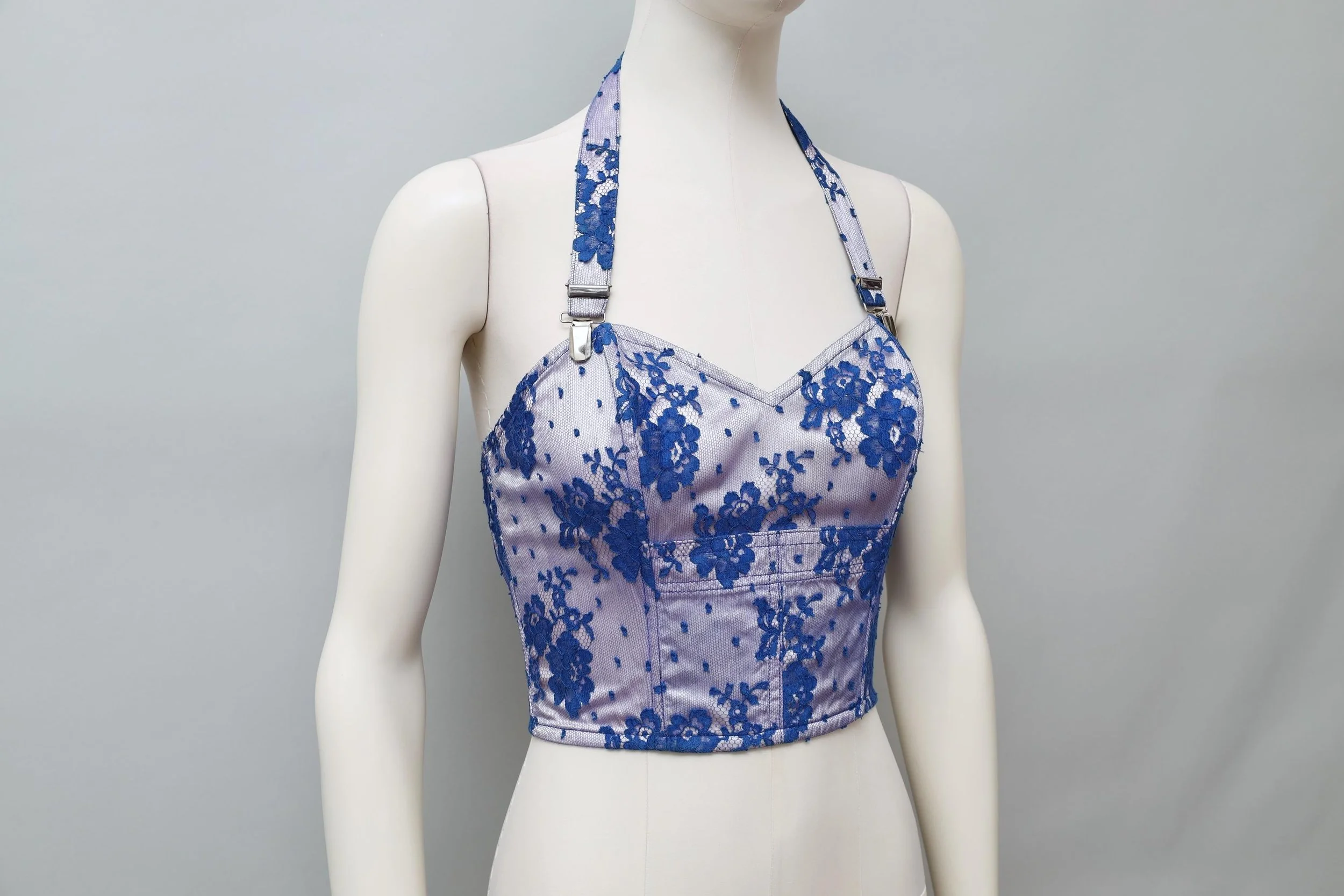 1980s Yvan & Marzia blue floral lace halterneck bustier top