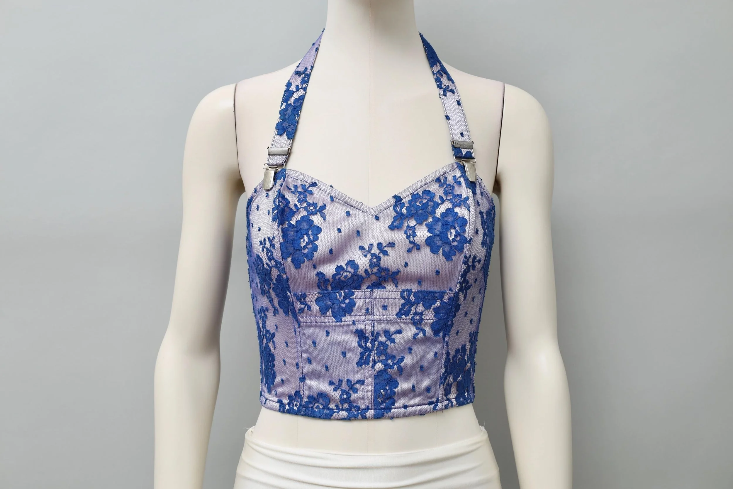 1980s Yvan & Marzia blue floral lace halterneck bustier top