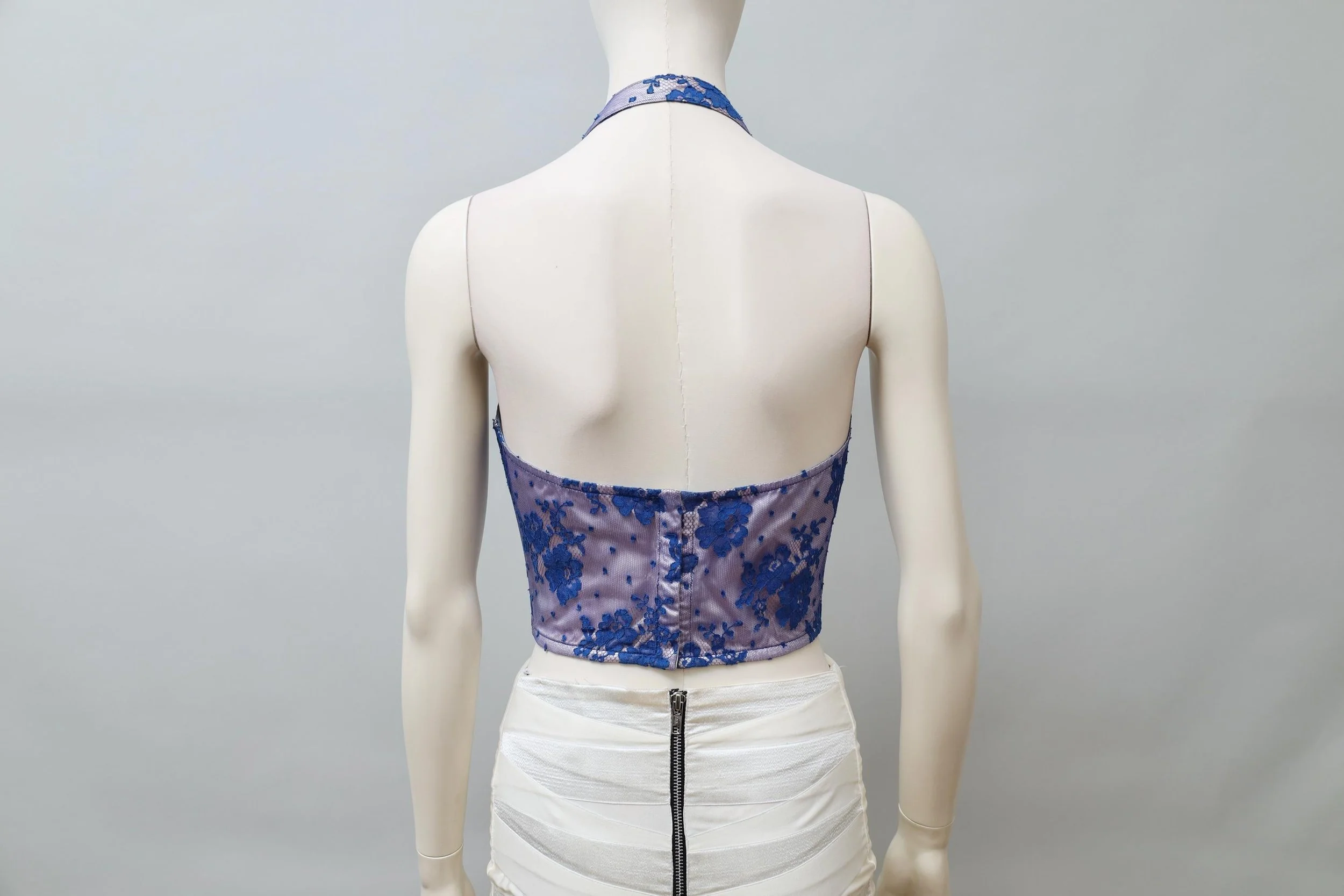 1980s Yvan & Marzia blue floral lace halterneck bustier top