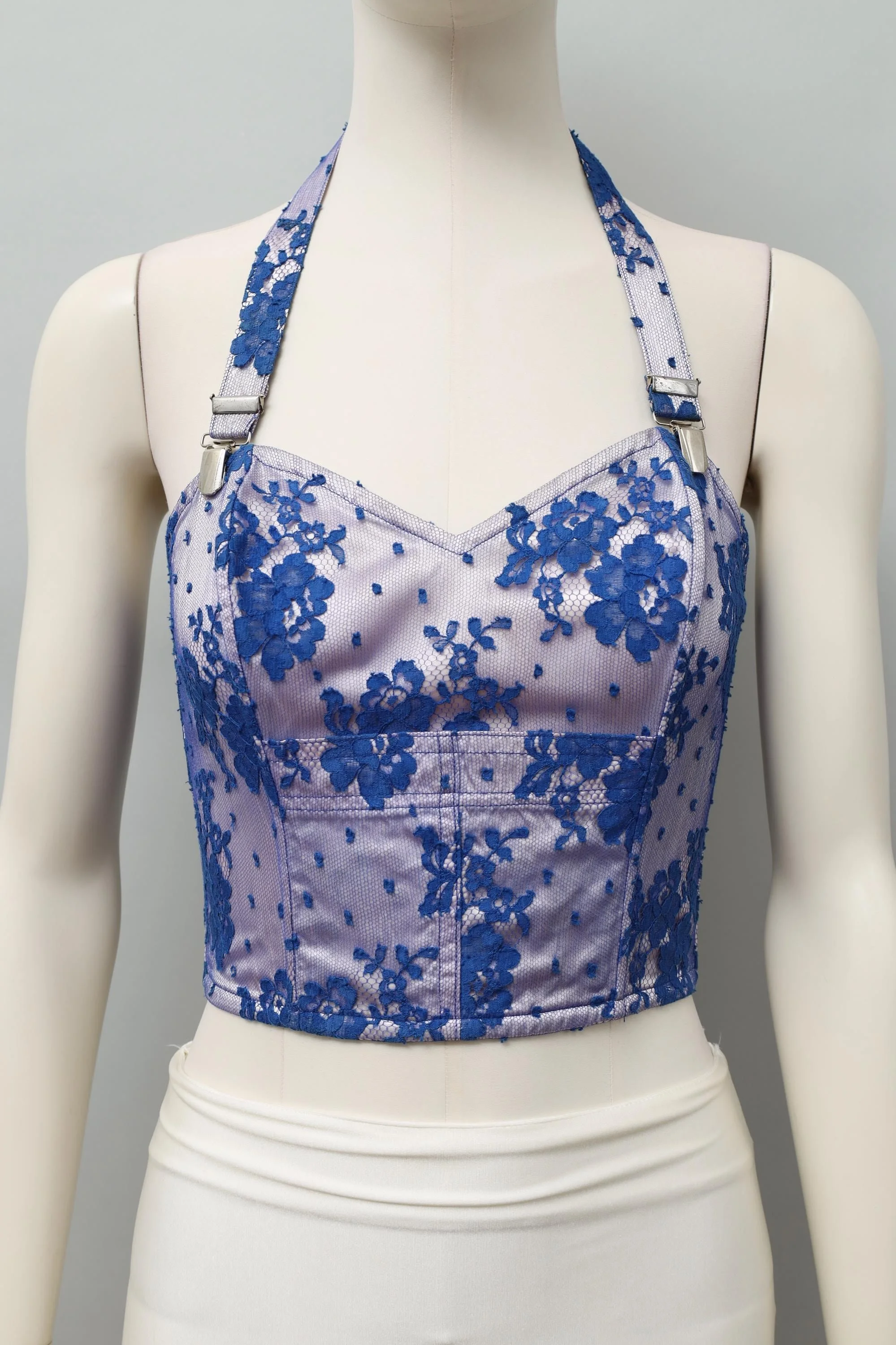 1980s Yvan & Marzia blue floral lace halterneck bustier top