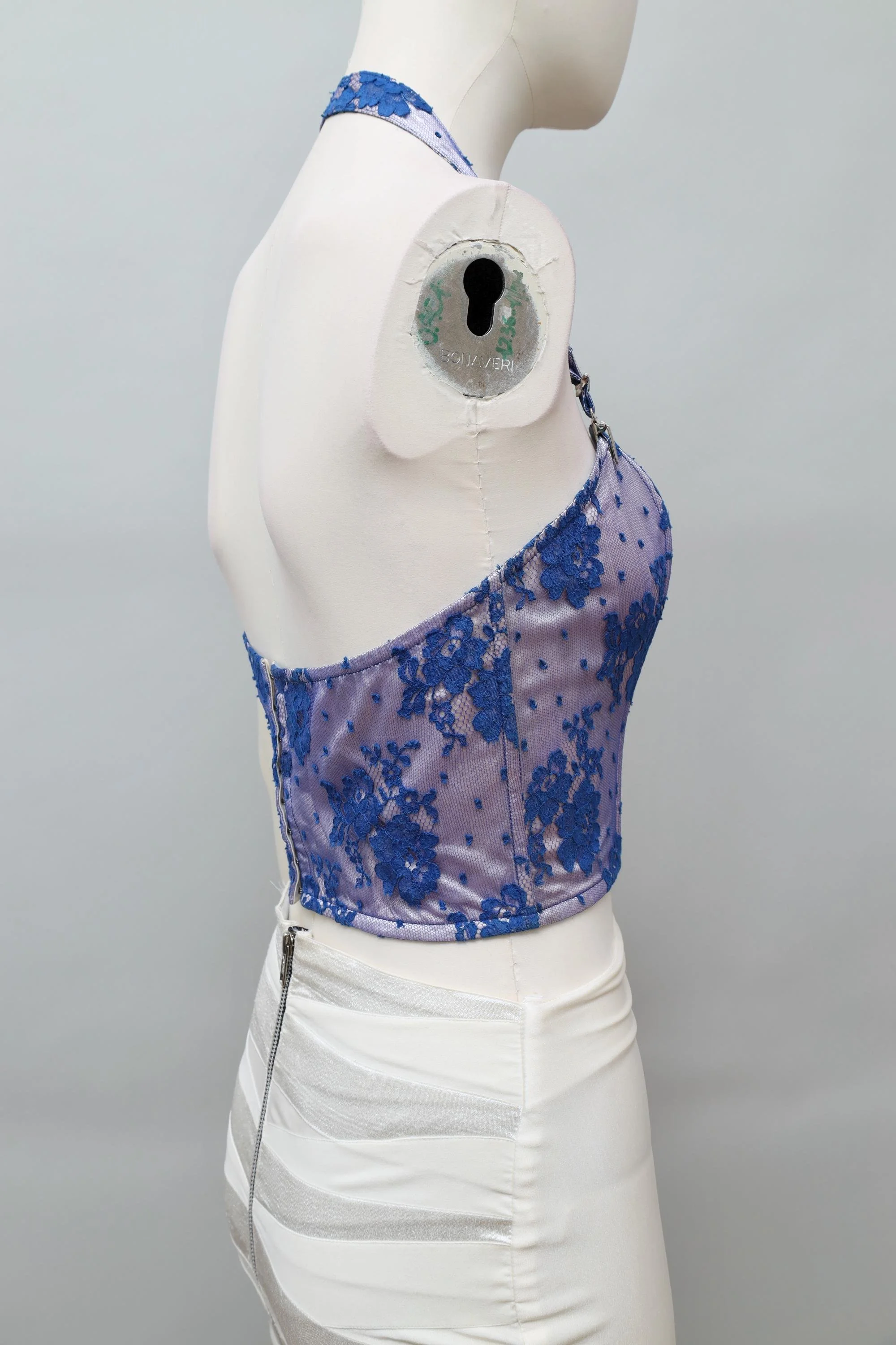 1980s Yvan & Marzia blue floral lace halterneck bustier top