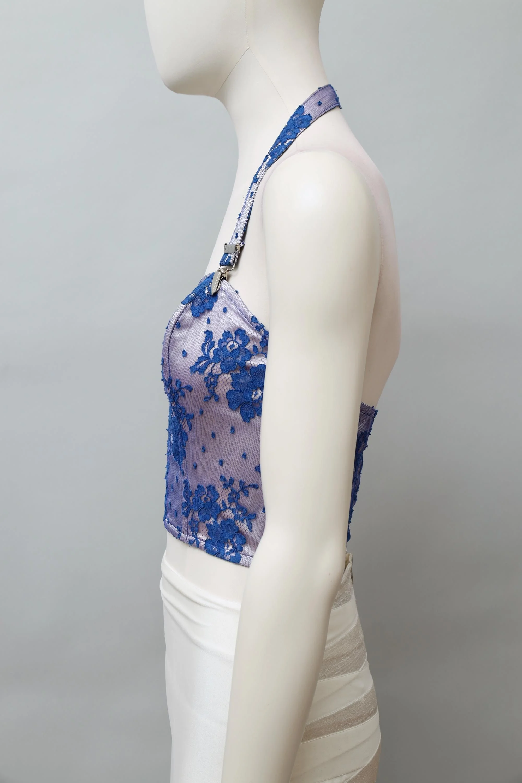 1980s Yvan & Marzia blue floral lace halterneck bustier top