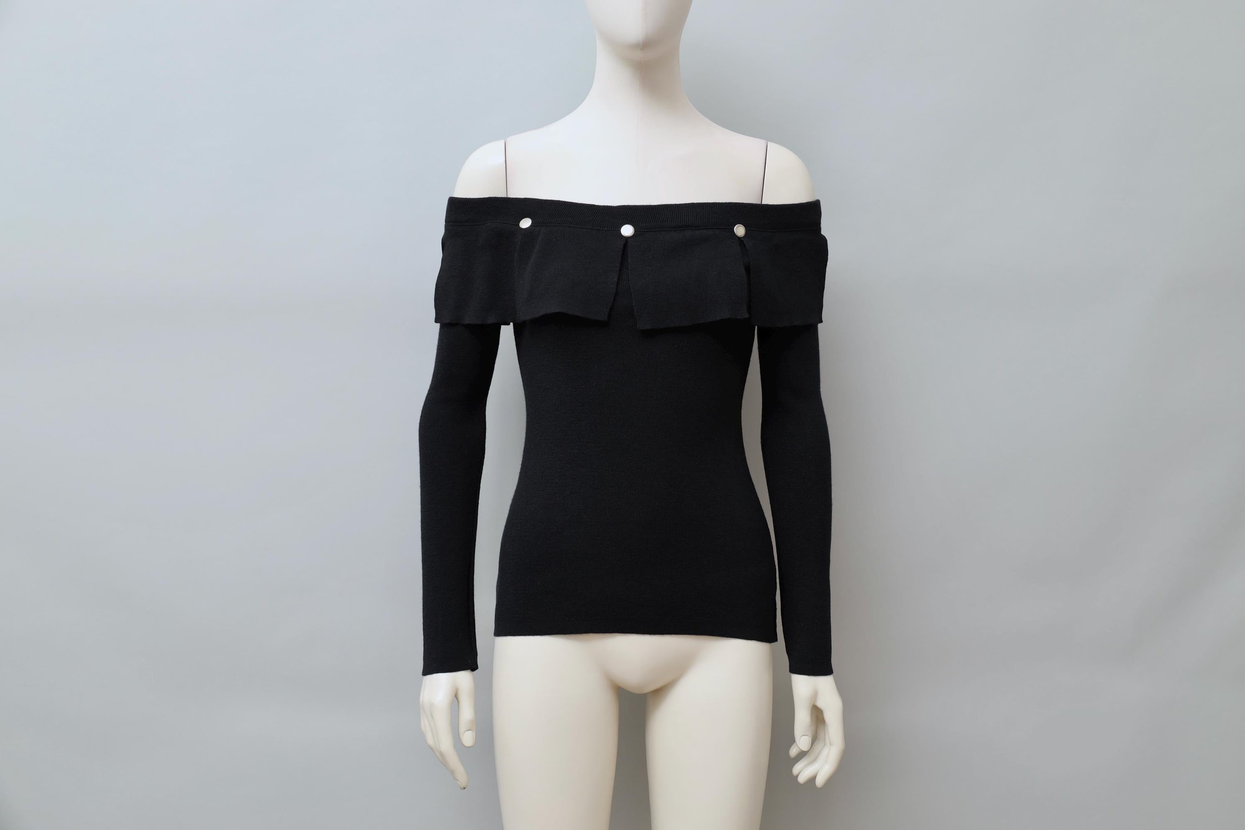 1980s Dorothée Bis black off shoulder riveted panel wool top