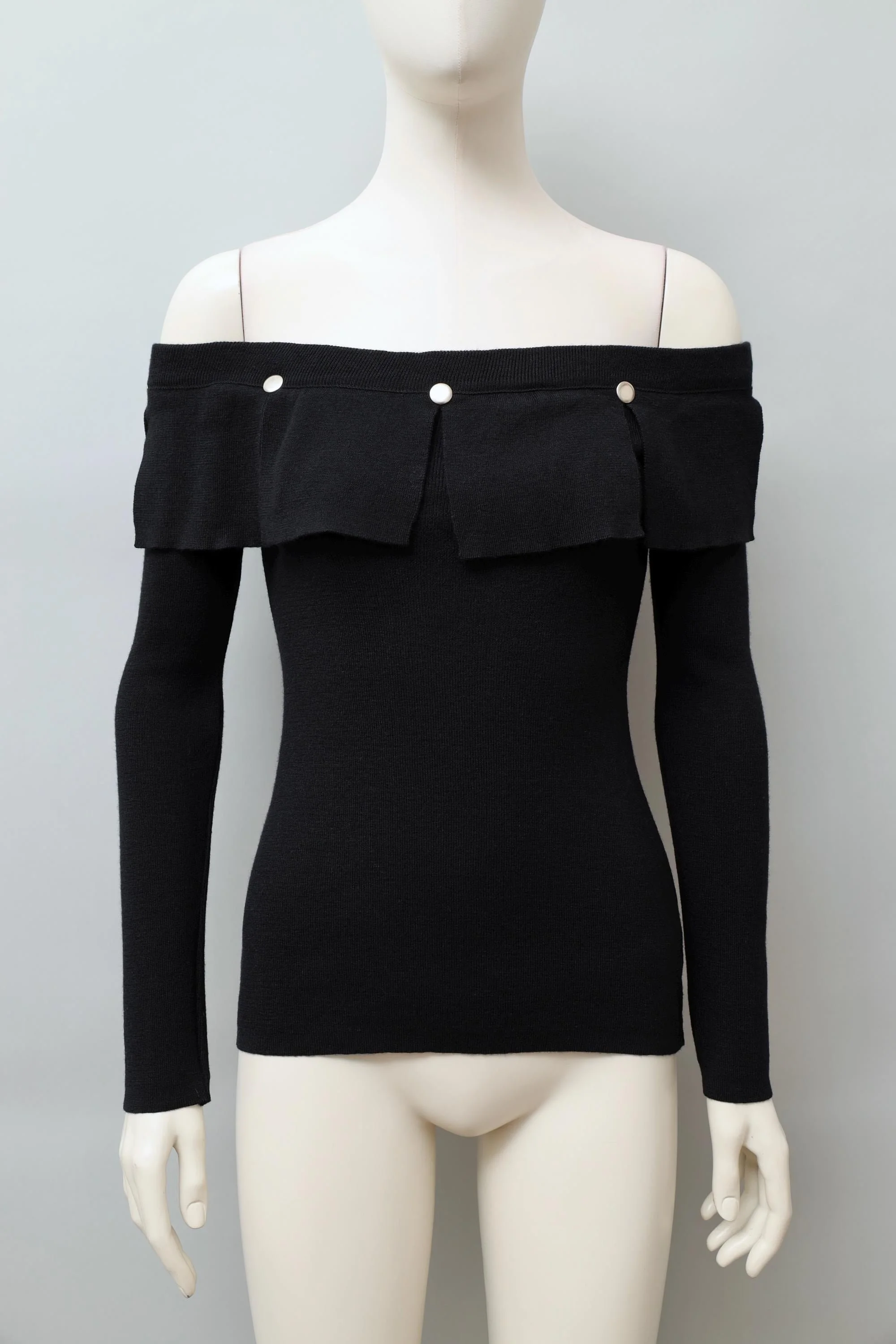 1980s Dorothée Bis black off shoulder riveted panel wool top