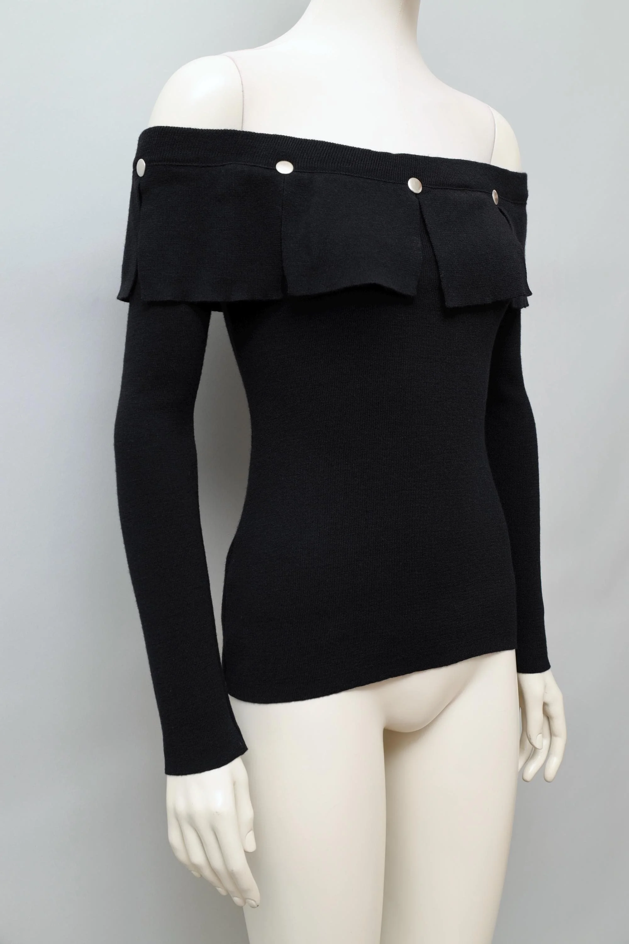 1980s Dorothée Bis black off shoulder riveted panel wool top