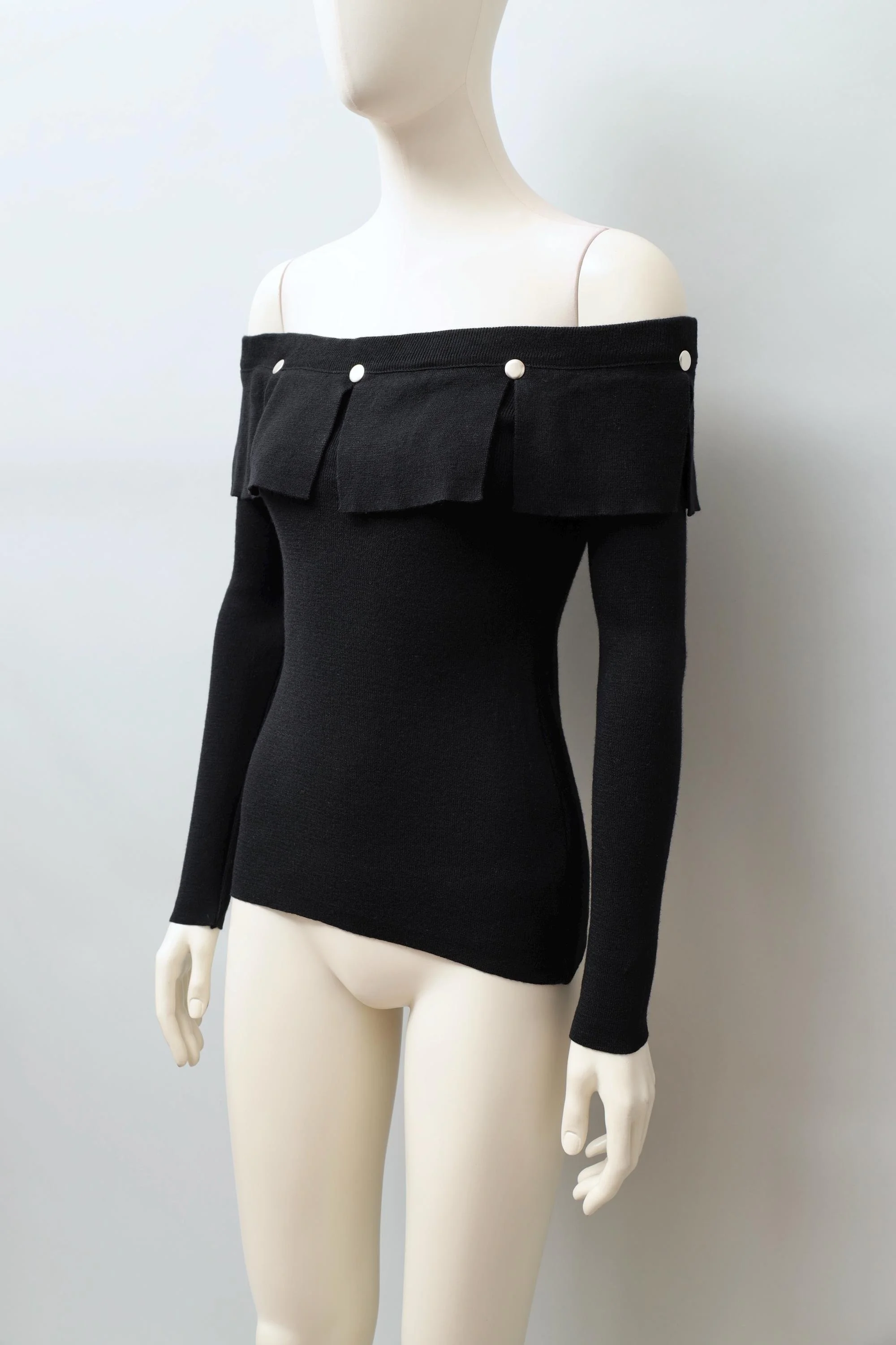 1980s Dorothée Bis black off shoulder riveted panel wool top